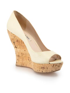 Cream Pebbled Leather Platform Cork Wedges Size IT 39.5