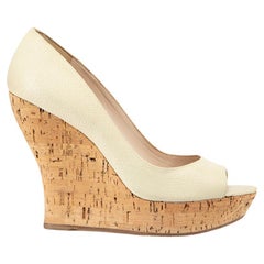 Cream Pebbled Leather Platform Cork Wedges Size IT 39.5