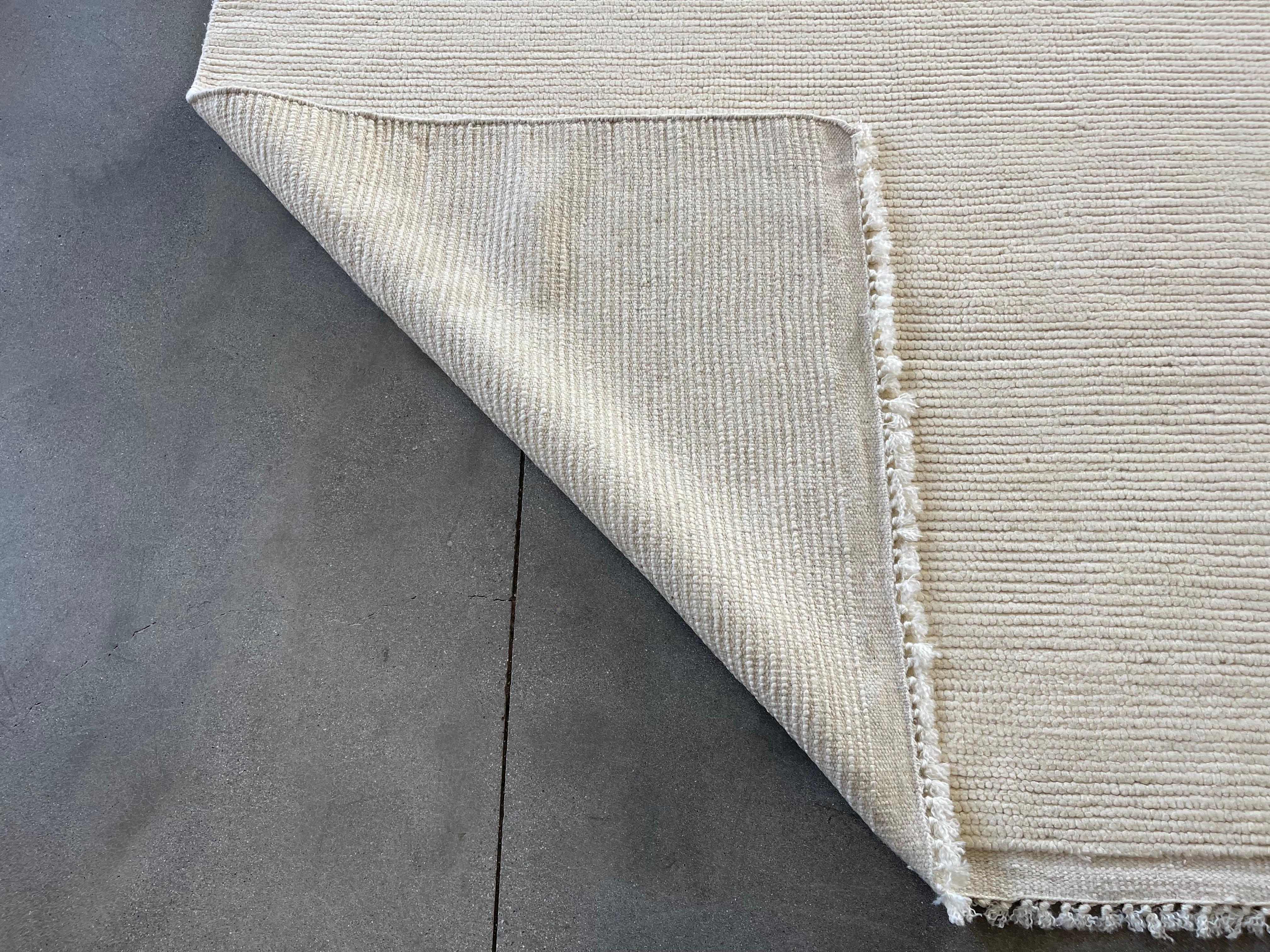 Wool Cream Plain Ribbed Moroccan Design Area Rug For Sale