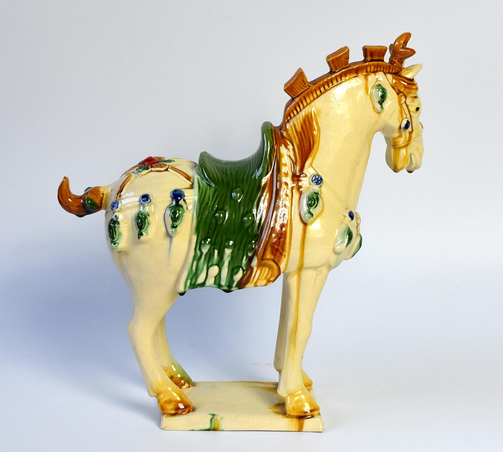 Hand-Painted Pottery Horse with Green Saddle Chinese San Cai Glaze