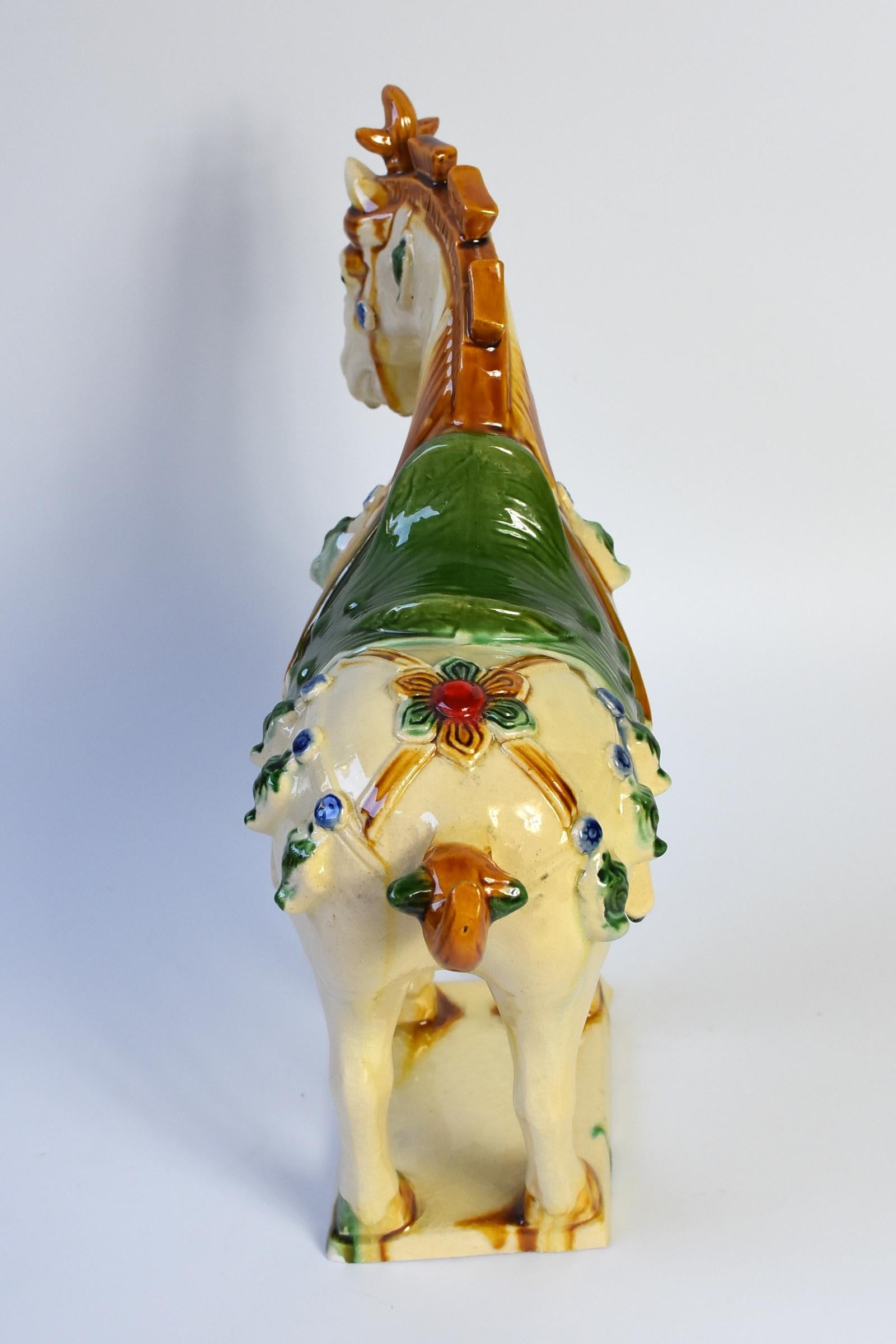 Pottery Horse with Green Saddle Chinese San Cai Glaze In Excellent Condition In Somis, CA