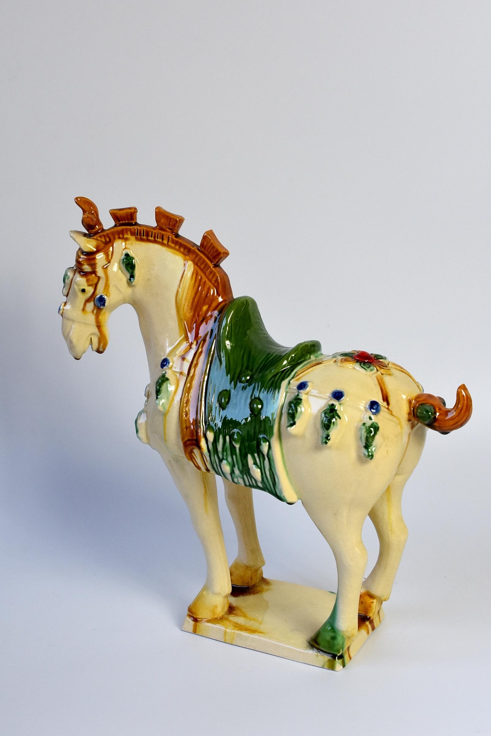 Contemporary Pottery Horse with Green Saddle Chinese San Cai Glaze