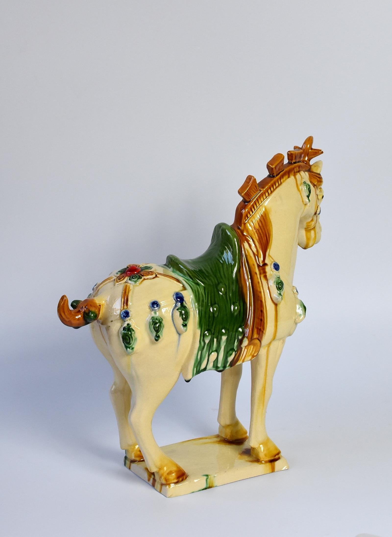 Terracotta Pottery Horse with Green Saddle Chinese San Cai Glaze