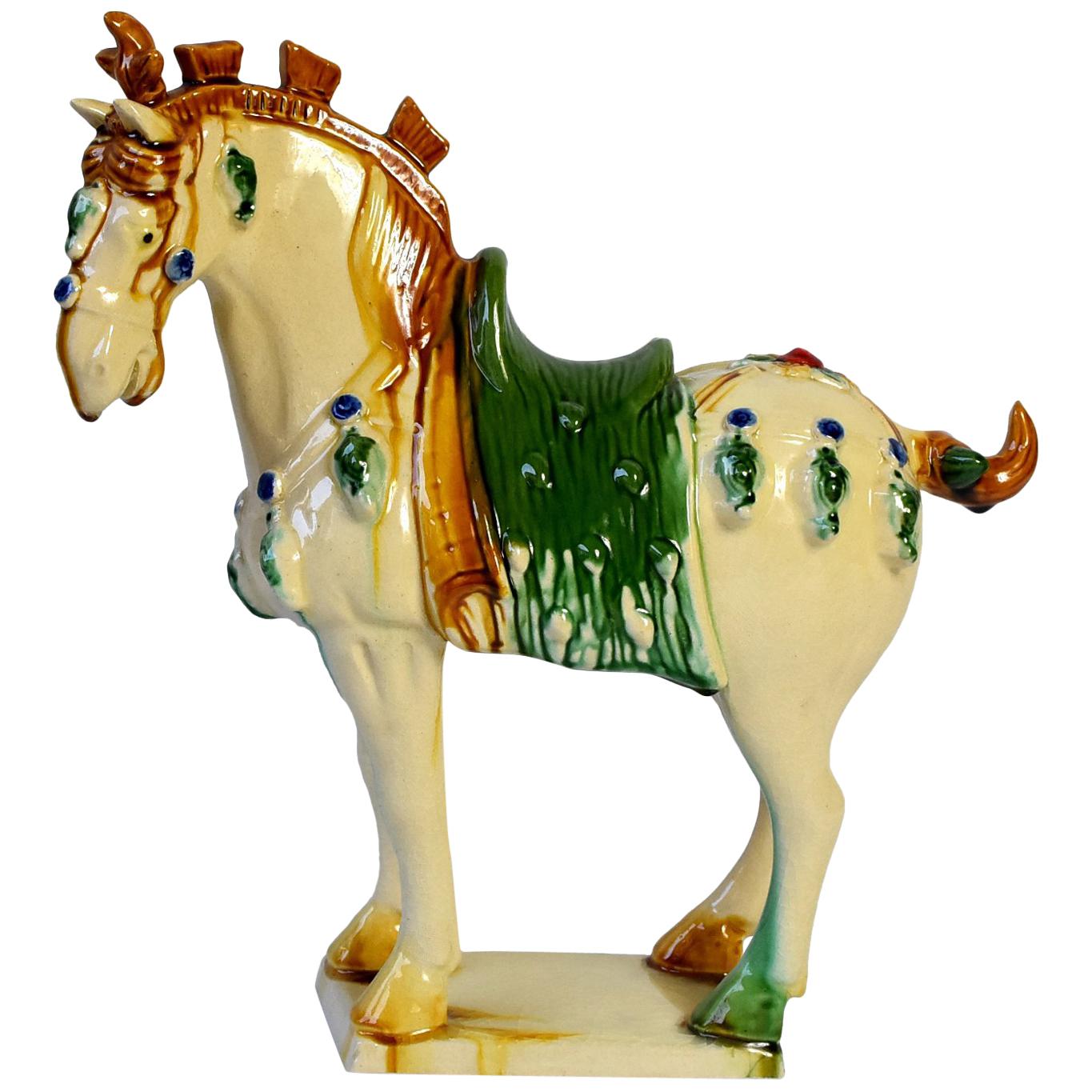 Pottery Horse, Cream with Green Saddle, Chinese San Cai Glaze