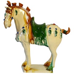 Pottery Horse with Green Saddle Chinese San Cai Glaze