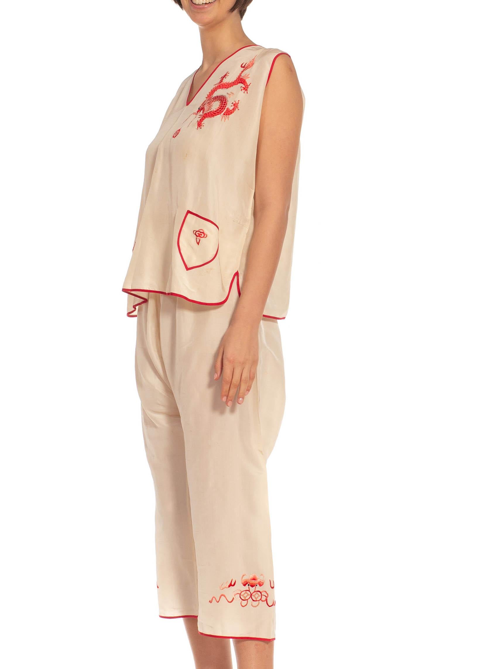 Cream & Red Embroidered Silk Chinese Five-Clawed Dragon And Flaming Pearl Pajamas
