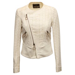 Cremefarbene Roberto Cavalli Moto Jacke mit Ösen und Ösen Größe IT 40