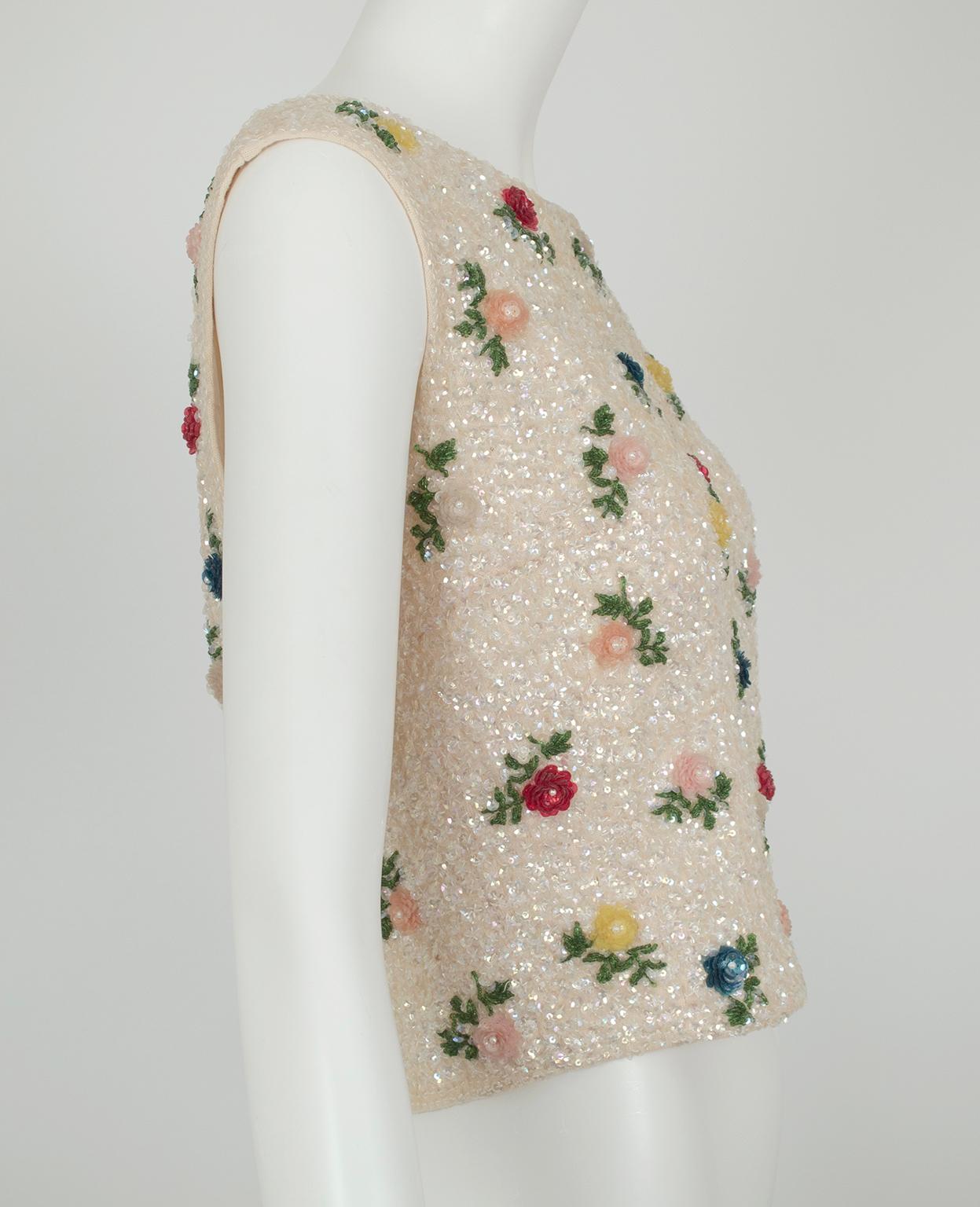 Beige Cream Sequin Sleeveless Crop Top with Dimensional Roses, Hong Kong – M, 1950s For Sale