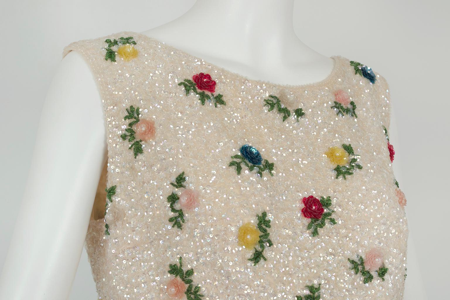 Women's Cream Sequin Sleeveless Crop Top with Dimensional Roses, Hong Kong – M, 1950s For Sale