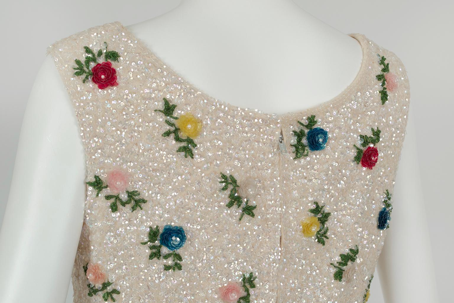 Cream Sequin Sleeveless Crop Top with Dimensional Roses, Hong Kong – M, 1950s For Sale 1