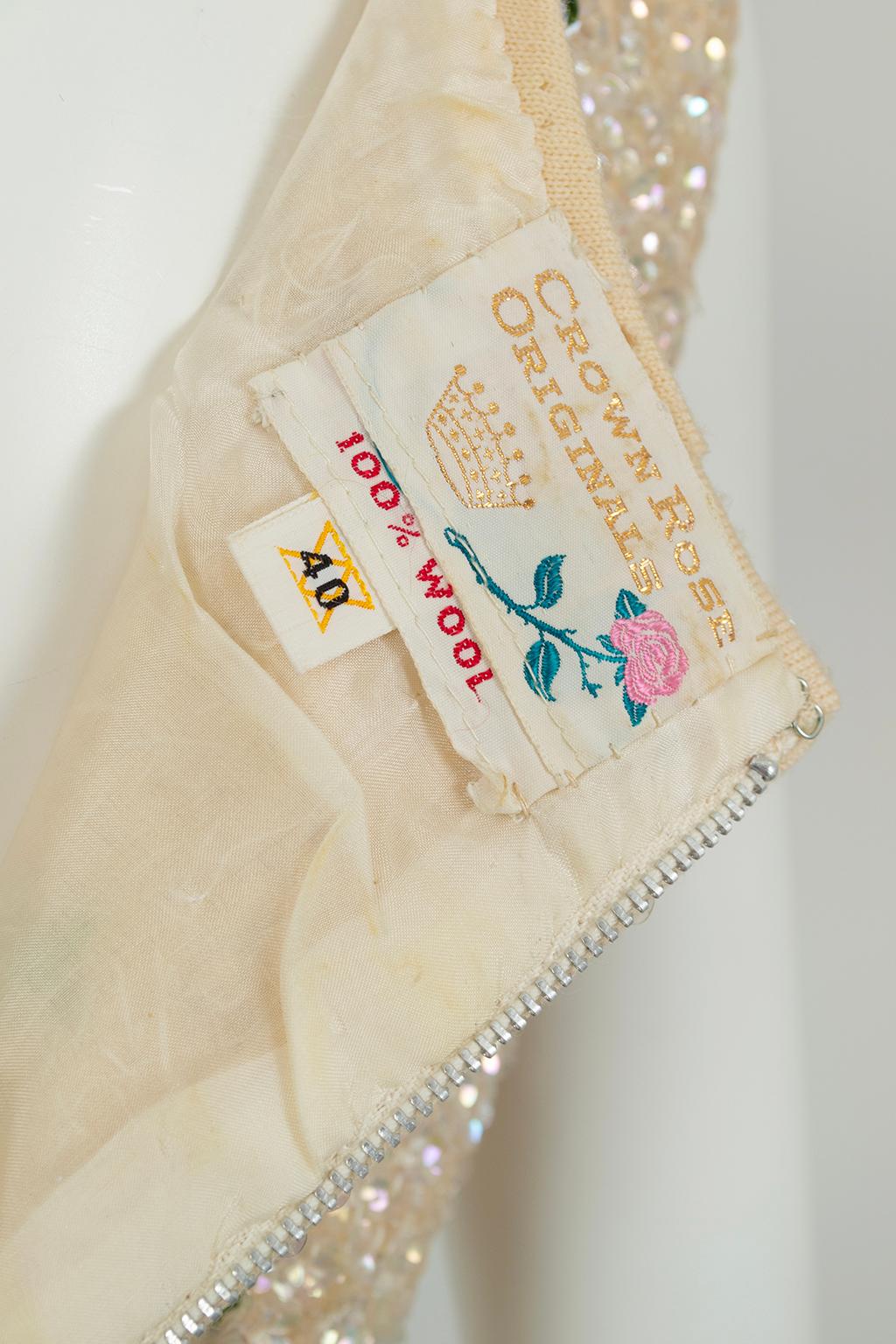 Cream Sequin Sleeveless Crop Top with Dimensional Roses, Hong Kong – M, 1950s For Sale 4