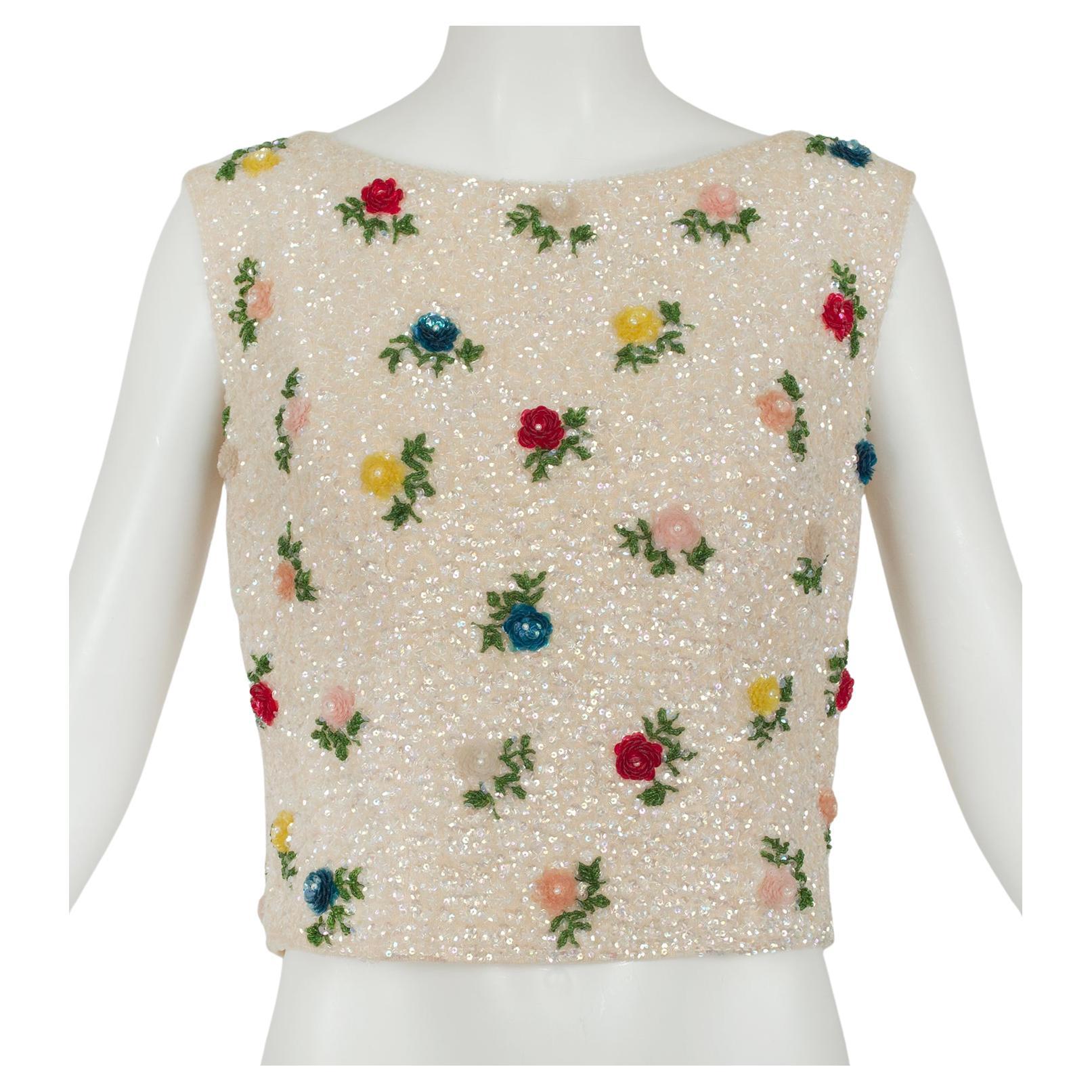 Cream Sequin Sleeveless Crop Top with Dimensional Roses, Hong Kong – M, 1950s For Sale