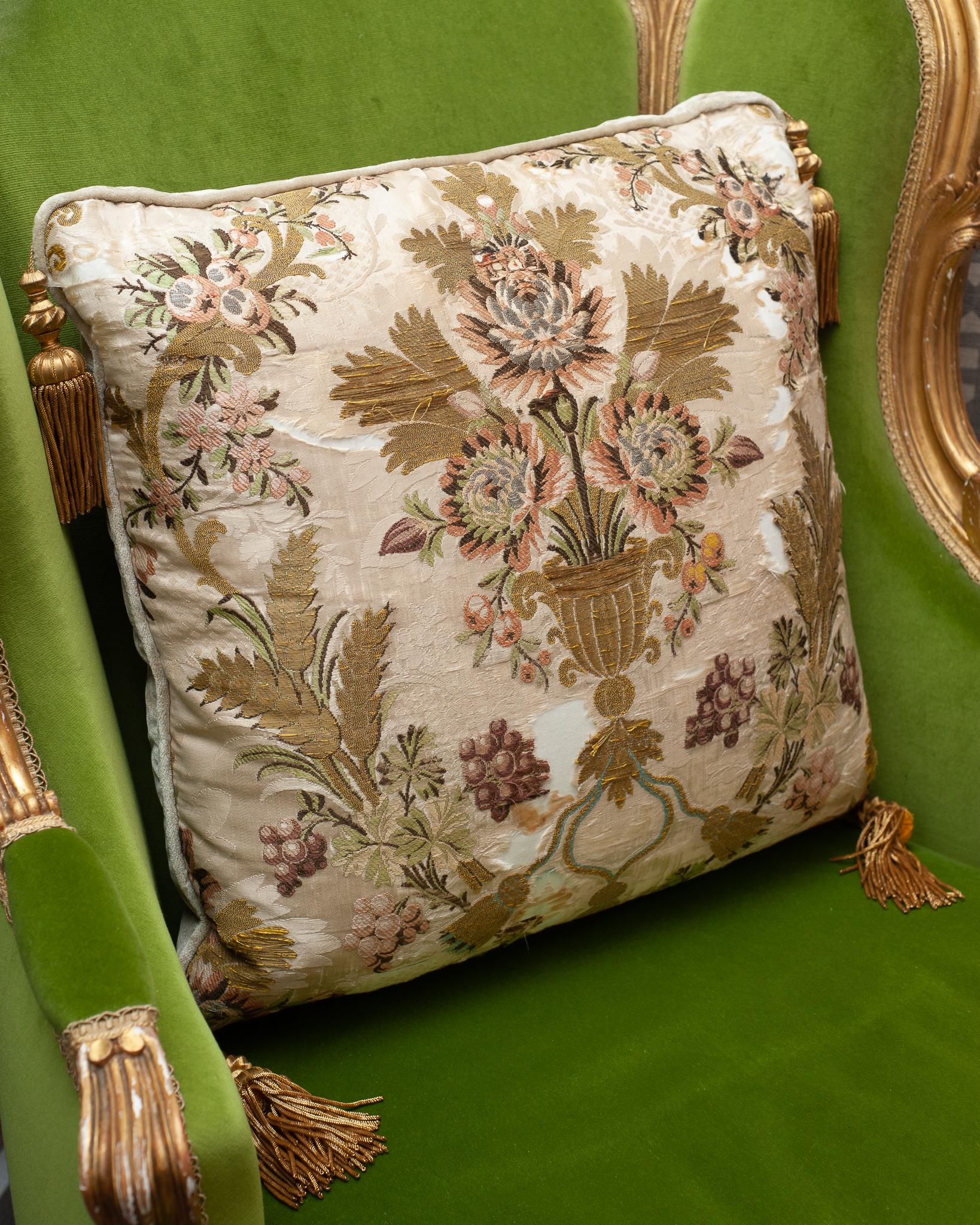 Canadian Cream Silk Pillow with Antique Embroidered Textile Panel and Metallic Tassels For Sale