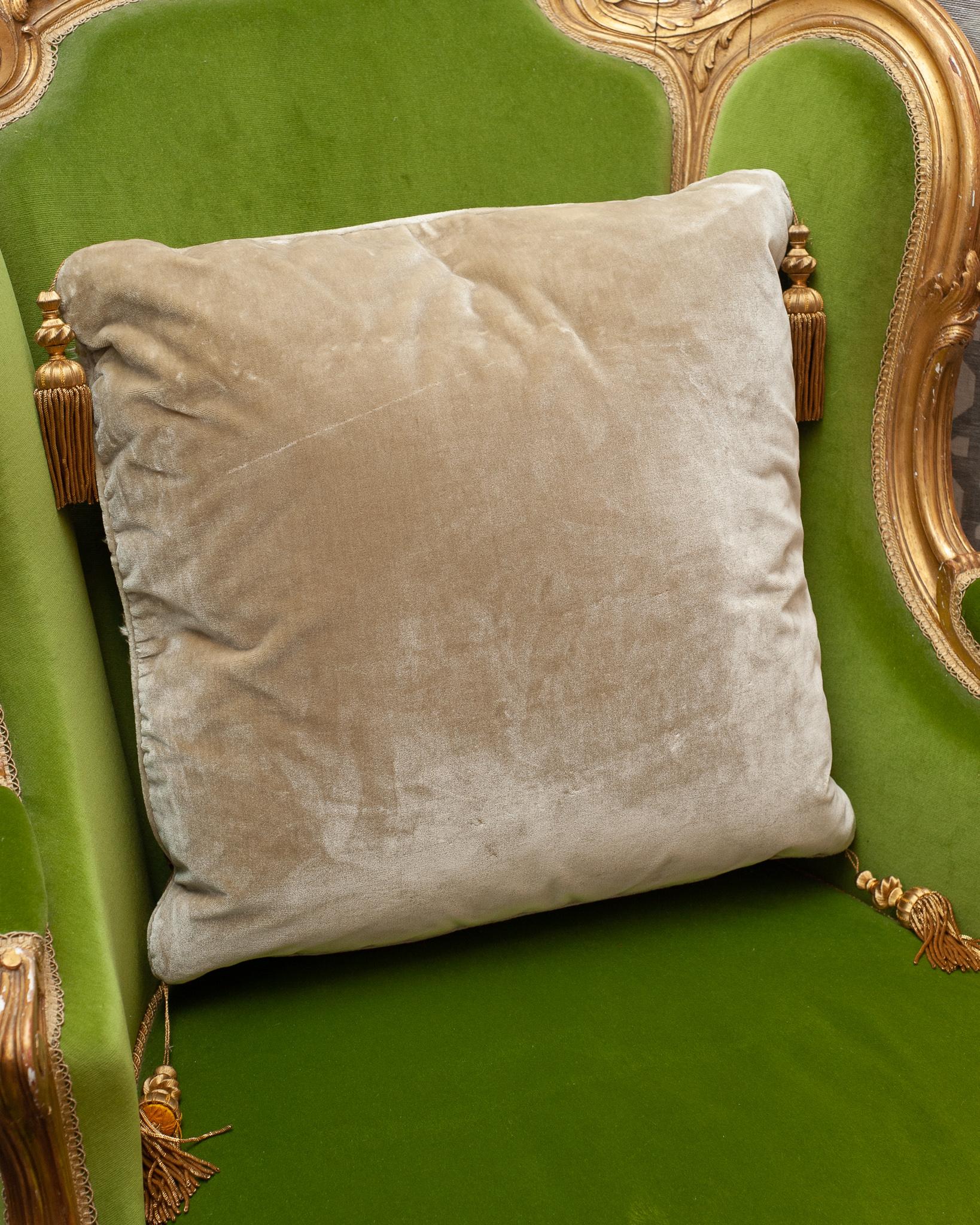 Contemporary Cream Silk Pillow with Antique Embroidered Textile Panel and Metallic Tassels For Sale