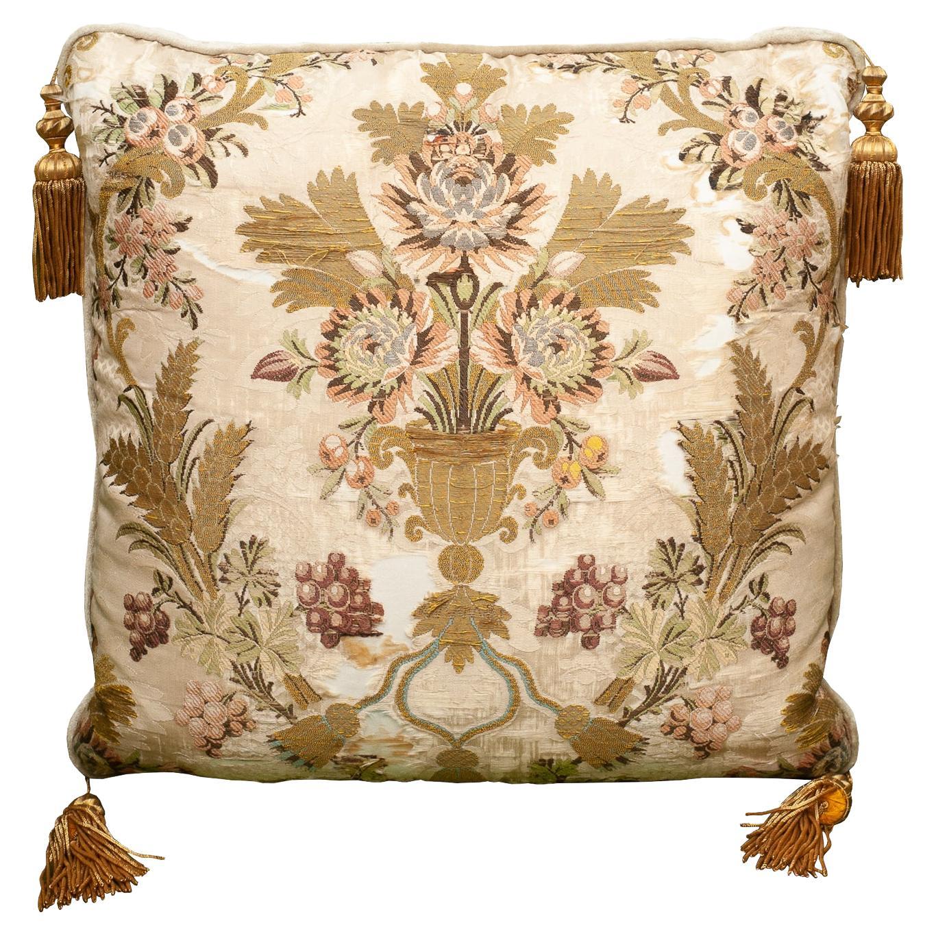 Cream Silk Pillow with Antique Embroidered Textile Panel and Metallic Tassels For Sale