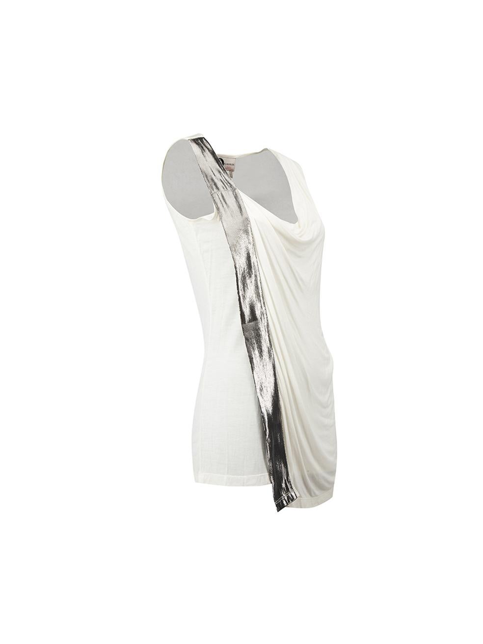 CONDITION is Very good. Minimal wear to top is evident where a small striped stain on back can be seen on this used Lanvin designer resale item. 
 
 Details
  Cream
 Viscose
 Sleeveless top
 Drape round neckline
 Silver taping on one side
 
 
 Made