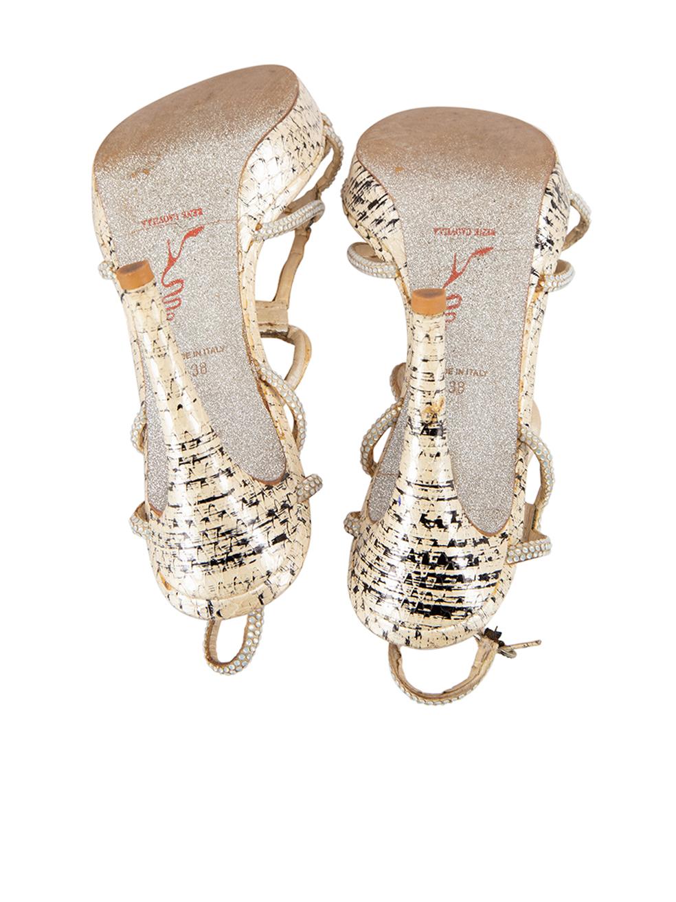 Women's Cream Snakeskin Crystal Heeled Sandals Size IT 38 For Sale