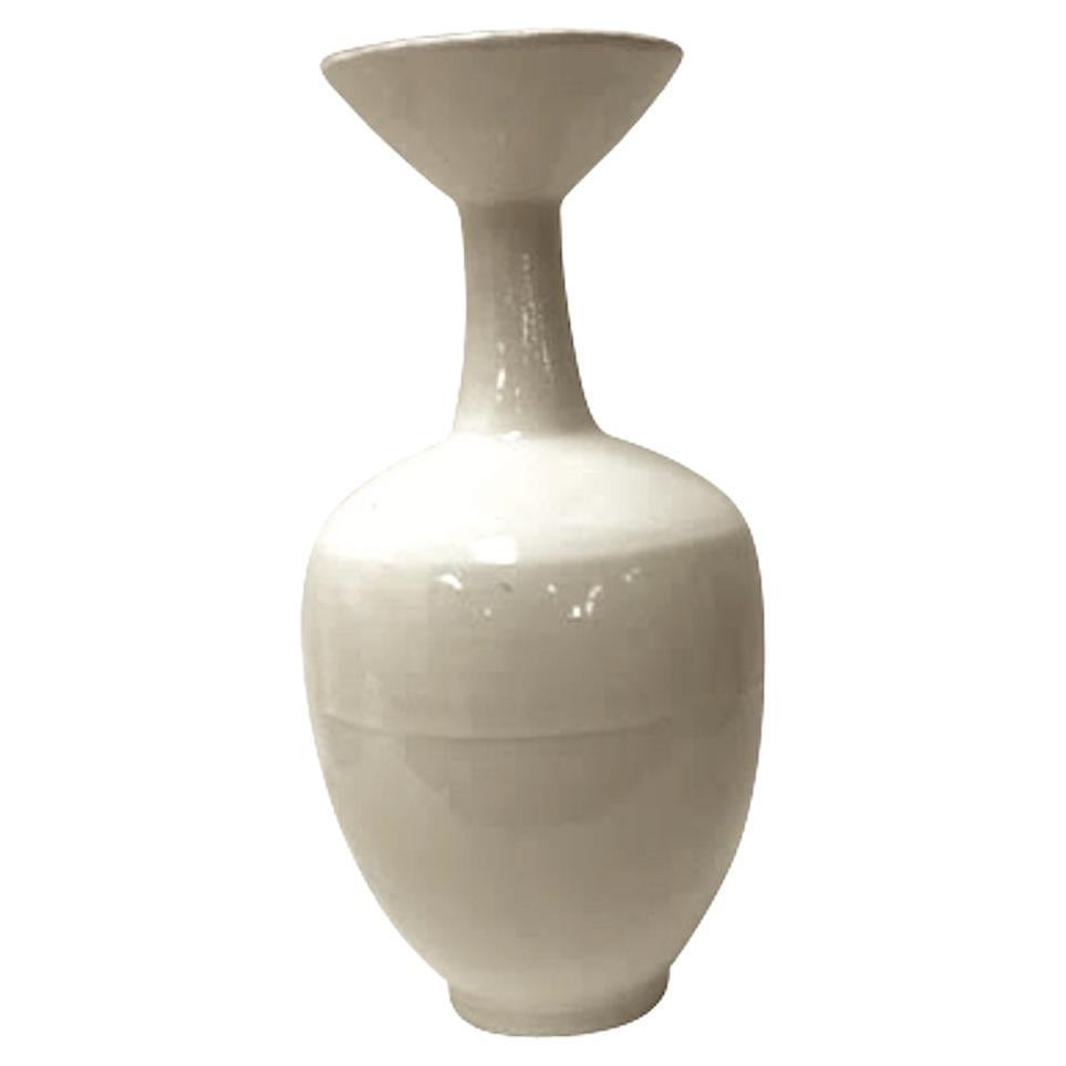 Chinese Cream Tall Small Spout Ceramic Vase, China, Contemporary For Sale
