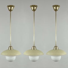Cream Textured Glass and Brass Pendants, Sweden 1940s to 1950s