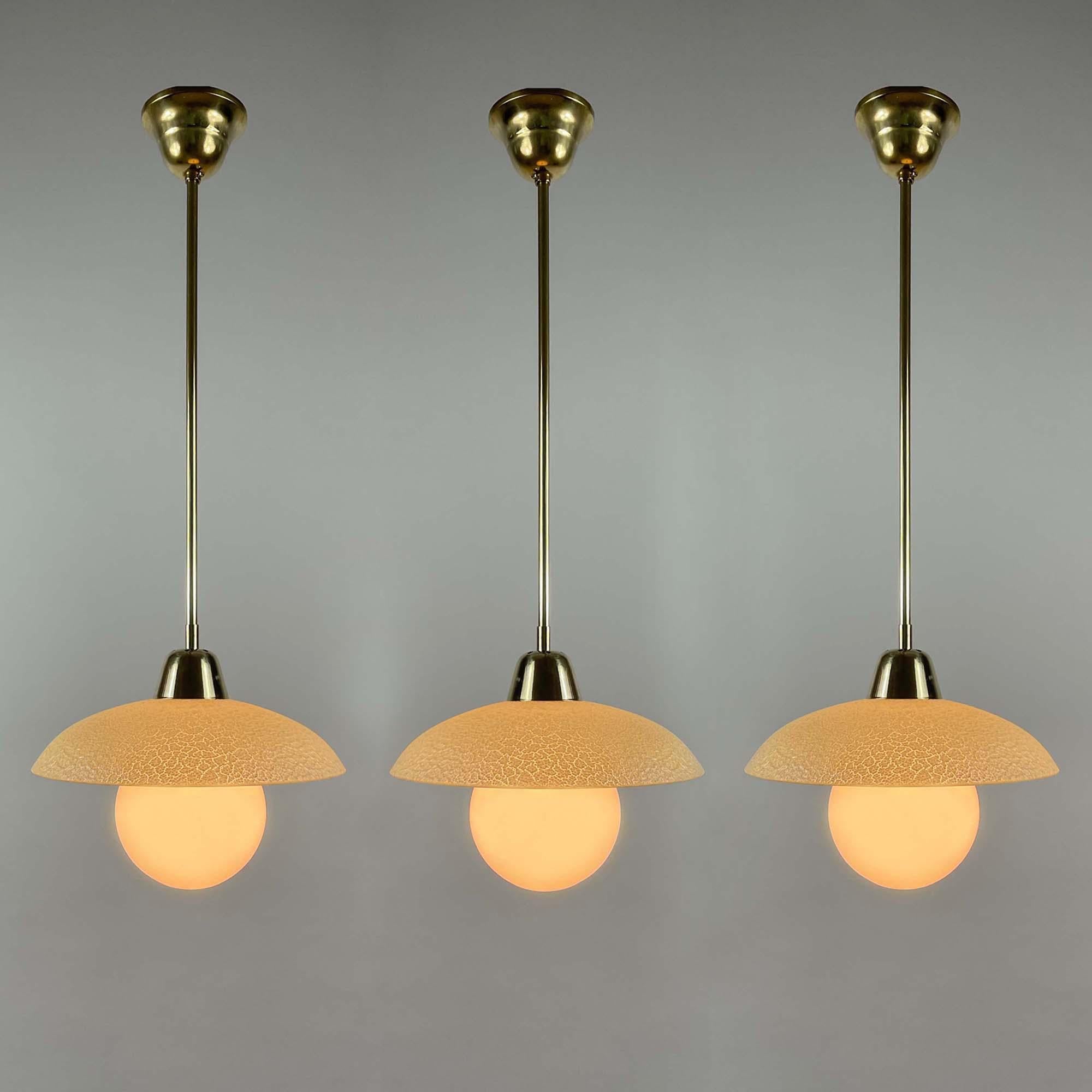 Scandinavian Modern Cream Textured Glass and Brass Pendants, Sweden 1940s to 1950s For Sale