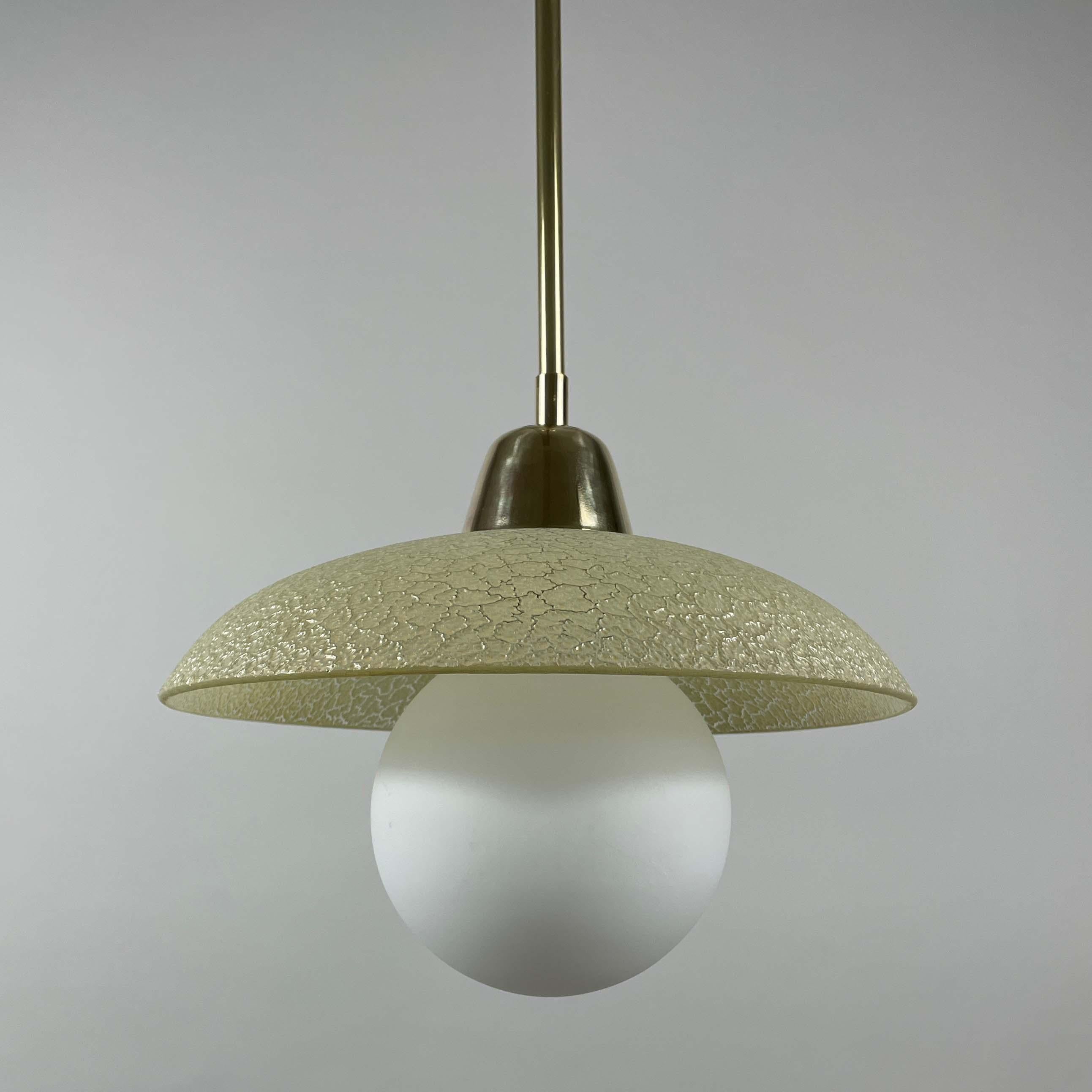 Mid-20th Century Cream Textured Glass and Brass Pendants, Sweden 1940s to 1950s For Sale