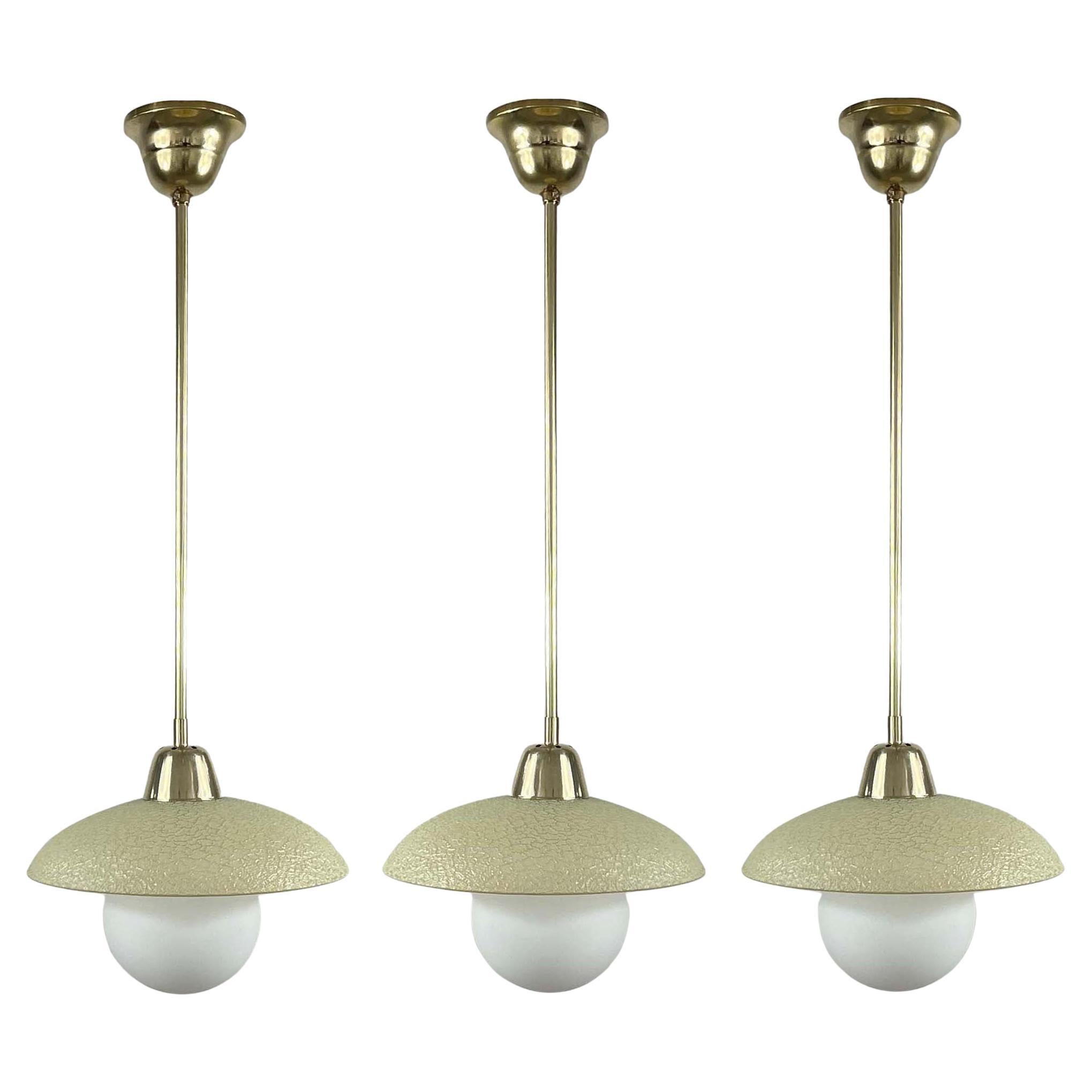 Cream Textured Glass and Brass Pendants, Sweden 1940s to 1950s For Sale