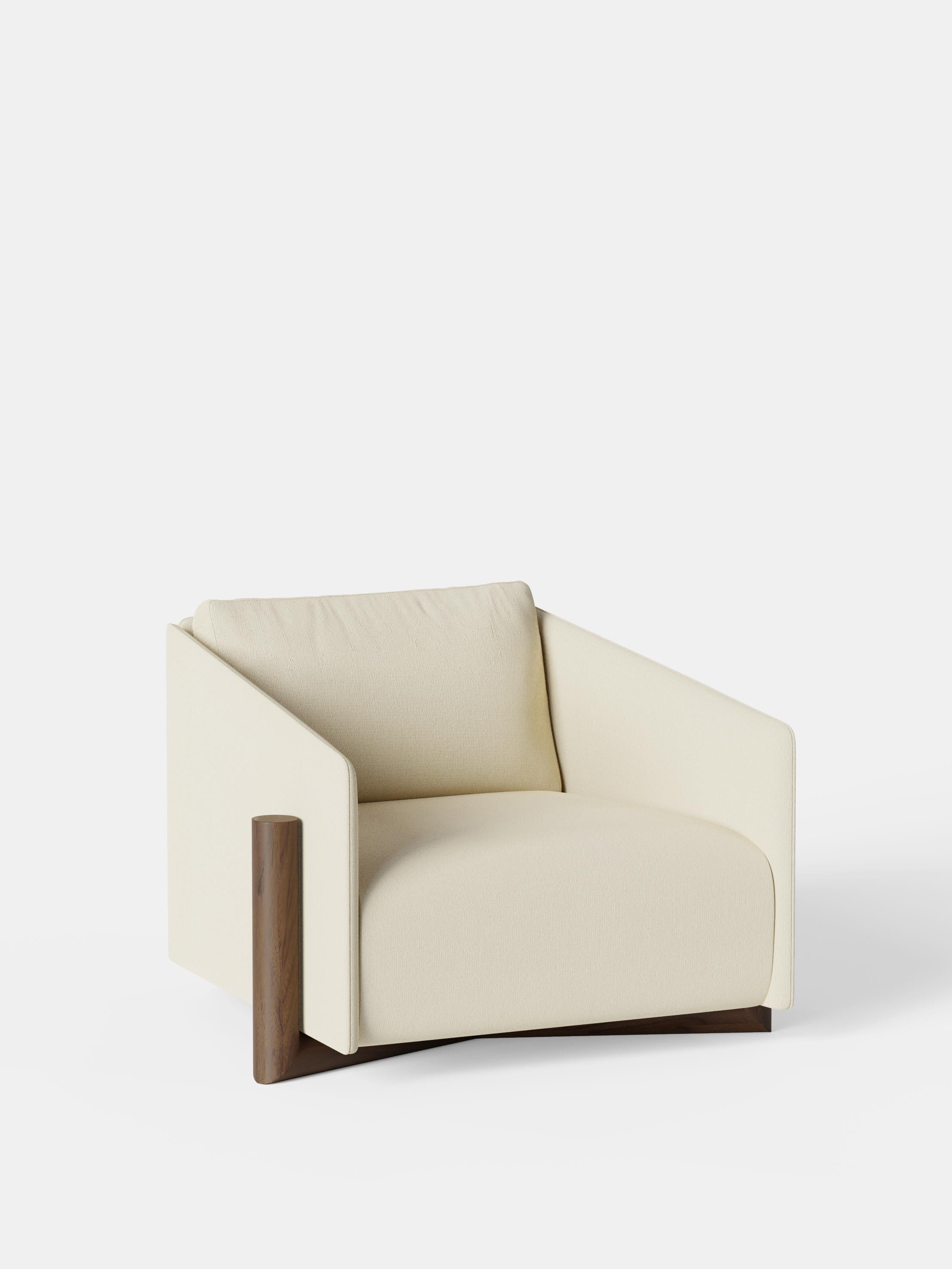 Cream Timber Armchair by Kann Design
Dimensions: D 104.5 x W 93 x H 75 cm.
Materials: Solid beech walnut finish base, wood frame, elastic belts, HR foam, fabric upholstery Kvadrat Vidar 1062 (94% wool, 6% nylon).
Available in other fabrics.

The