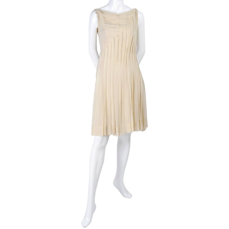 Silk Couture Vintage Designer Dress w Pleating in Nude Tissue Silk at