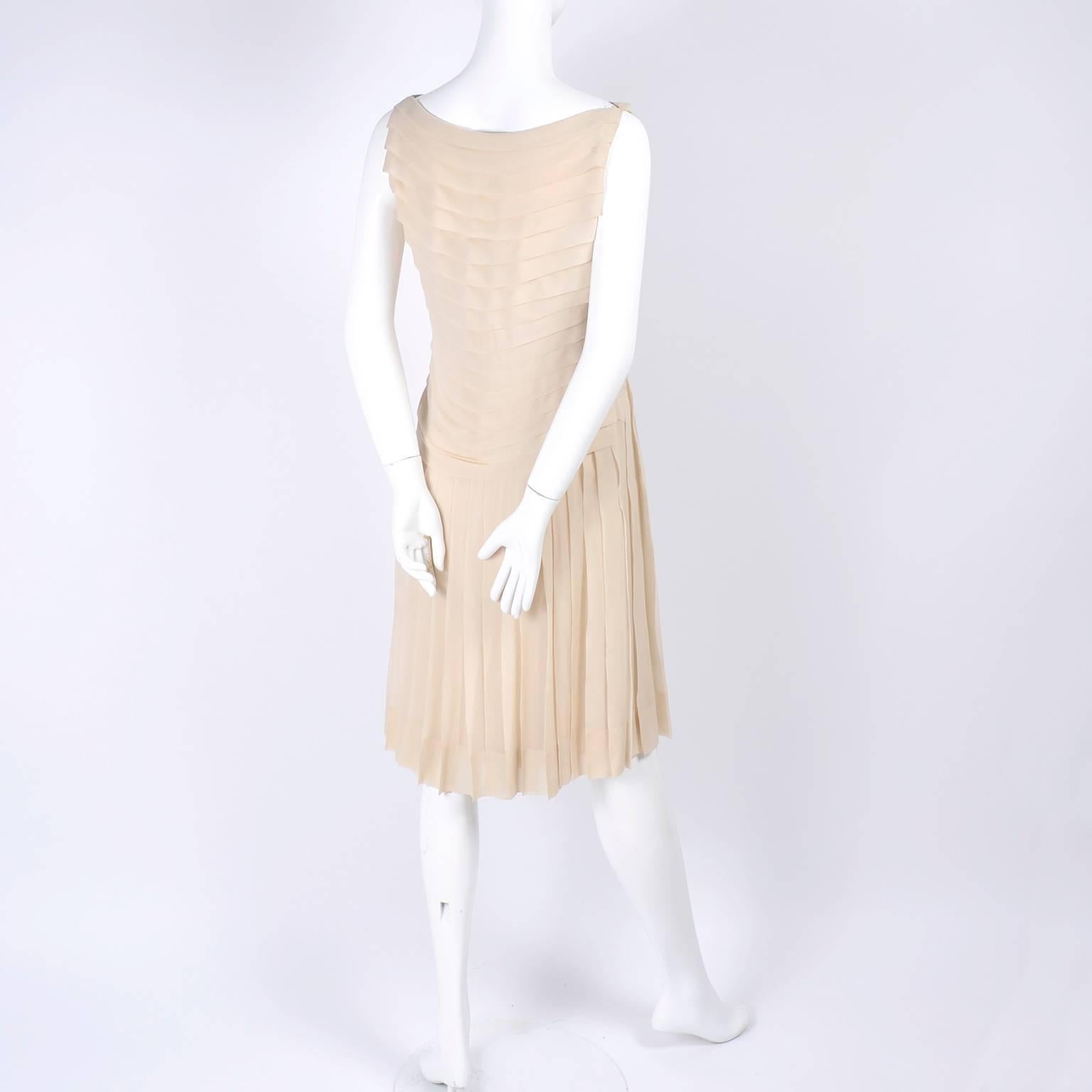 Beige Silk Couture Vintage Designer Dress w Pleating in Nude Tissue Silk 