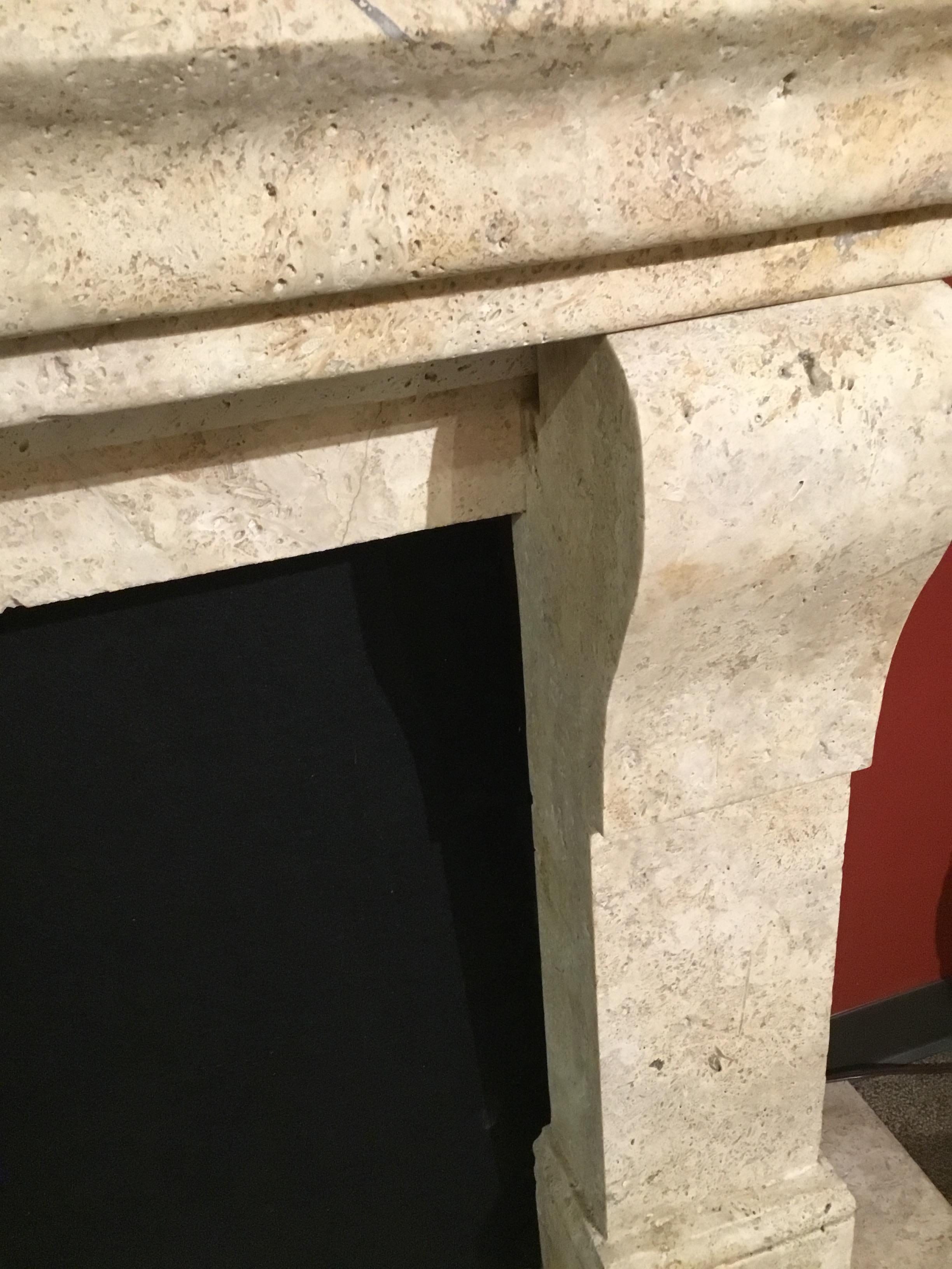 Hand-Carved Cream Travertine Mantel with Contemporary Lines