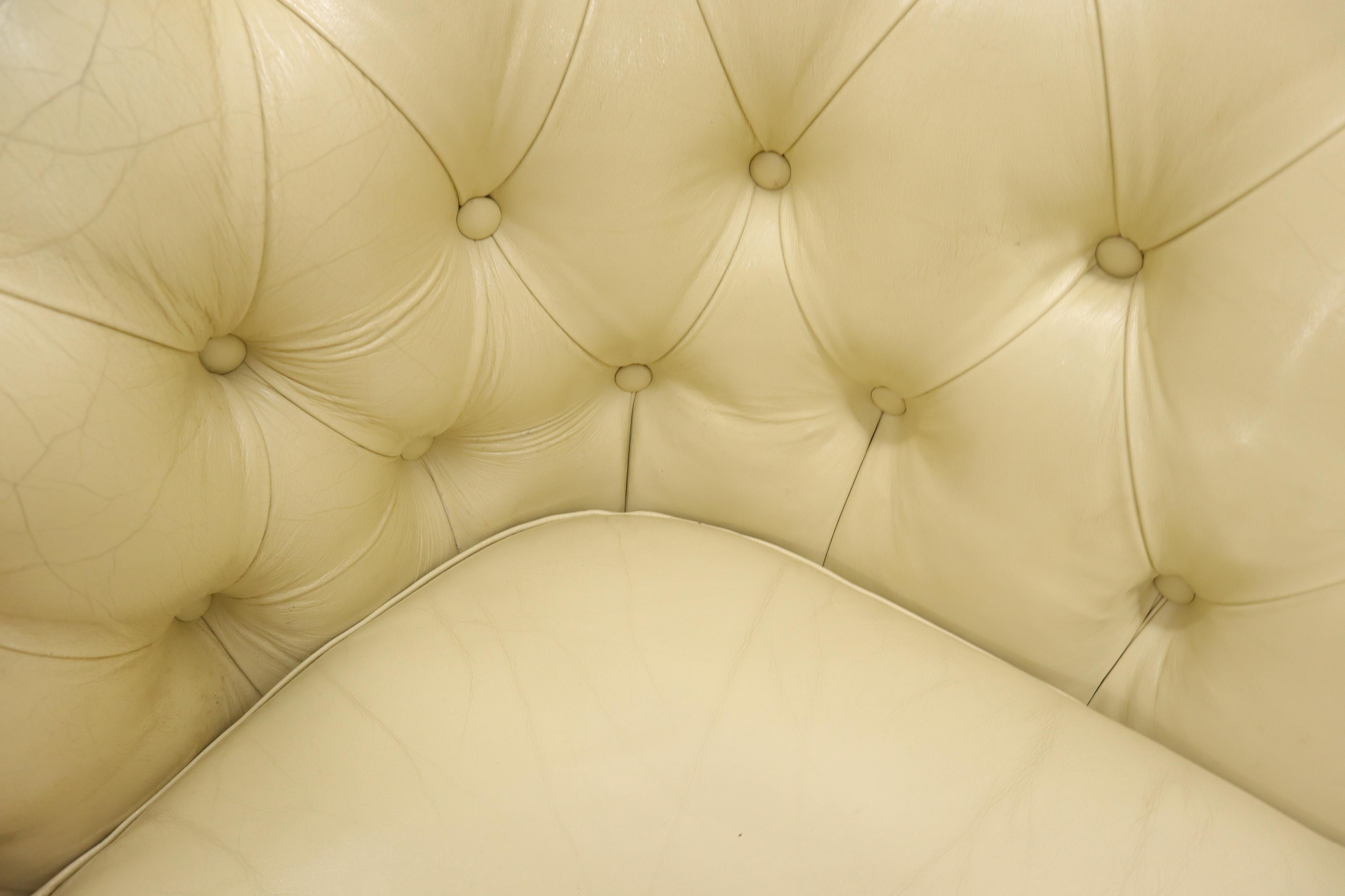 Mid-Century Modern Cream Tufted Leather Chesterfield Sofa