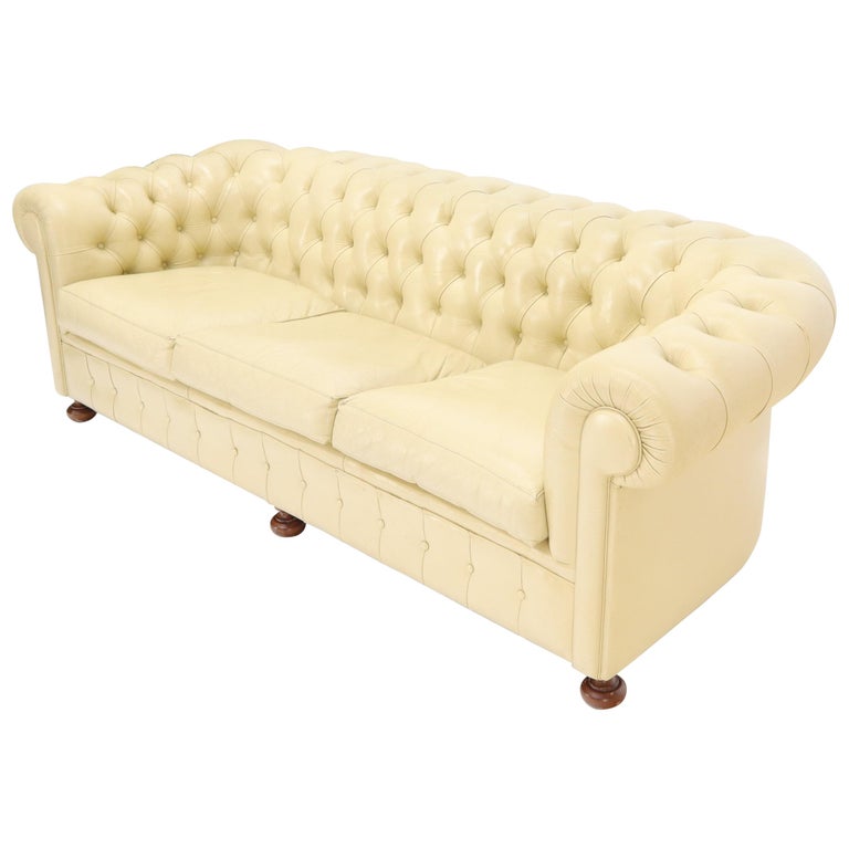 Cream Tufted Leather Chesterfield Sofa For Sale