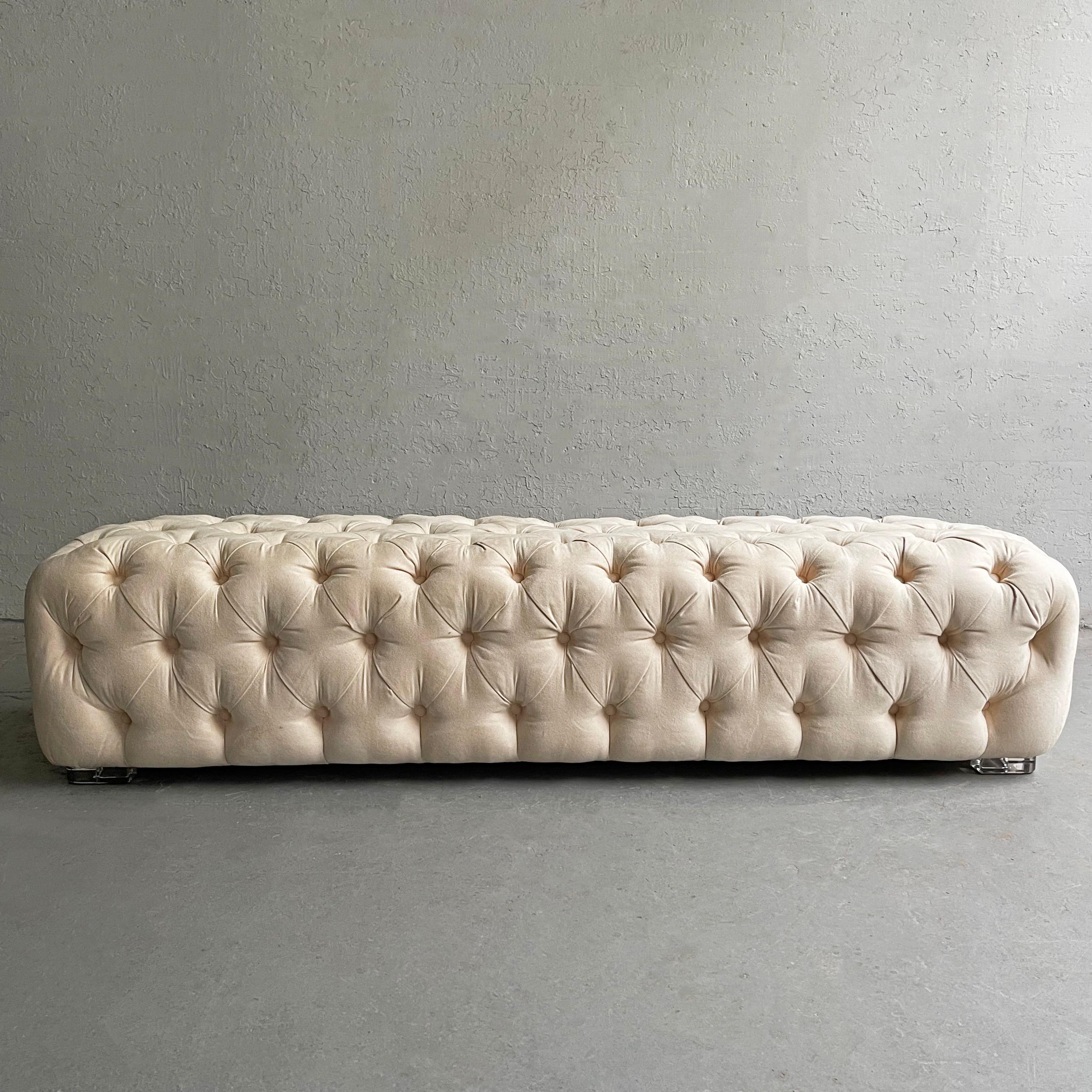 Sumptuous, fully upholstered, cream, tufted ultrasuede, 6ft bench by Shlomi Haziza, H Studio with Lucite feet. A shorter bench is also available at 51 inches wide, shown in the last three images.
