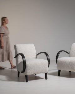 Cream Upholstered Club Chairs with Black Bentwood Arms, France, 1950s