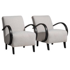 Cream Upholstered Club Chairs with Black Bentwood Arms, France, 1950s