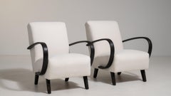 Cream Upholstered Club Chairs with Dark Wood Arms, 1950s Style