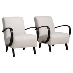 Cream Upholstered Club Chairs with Dark Wood Arms, 1950s Style