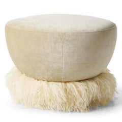 Cream Velvet 600 Diameter Ottoman with Ostrich Feather Trim by Egg Designs