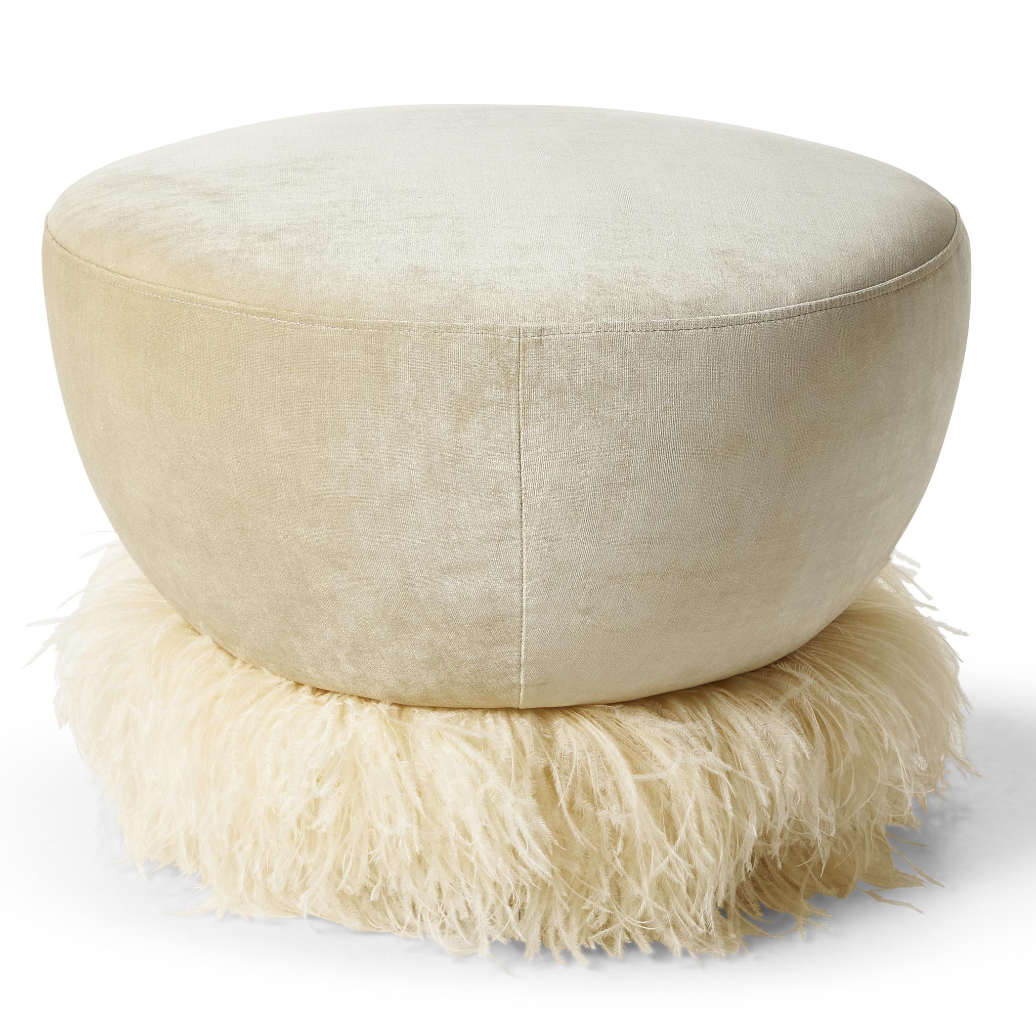 Moderne Pouf en velours crème de 600 mm de diamètre avec garniture en plumes d'autruche par Egg Designs en vente