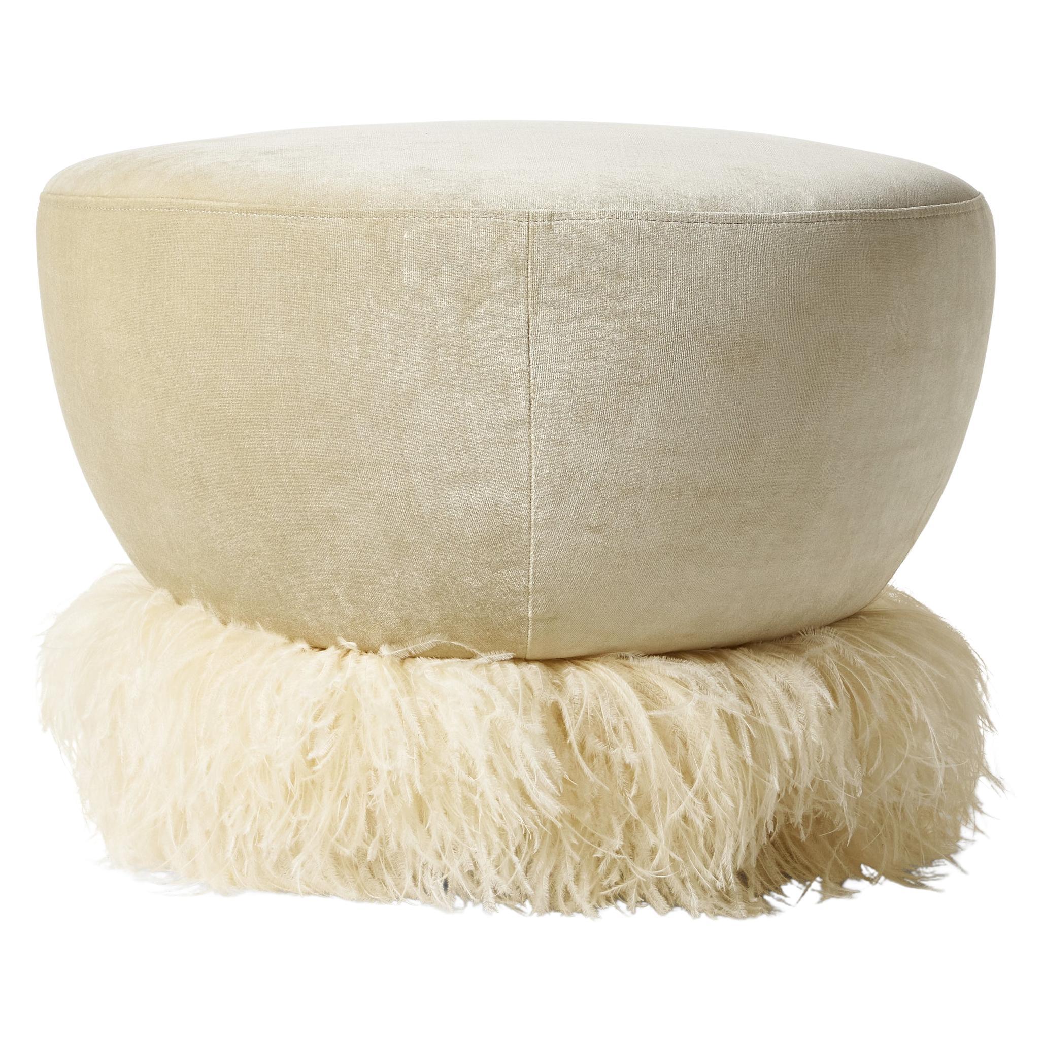 Cream Velvet 600 Diameter Ottoman with Ostrich Feather Trim by Egg Designs