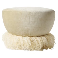 Cream Velvet 600 Diameter Ottoman with Ostrich Feather Trim by Egg Designs