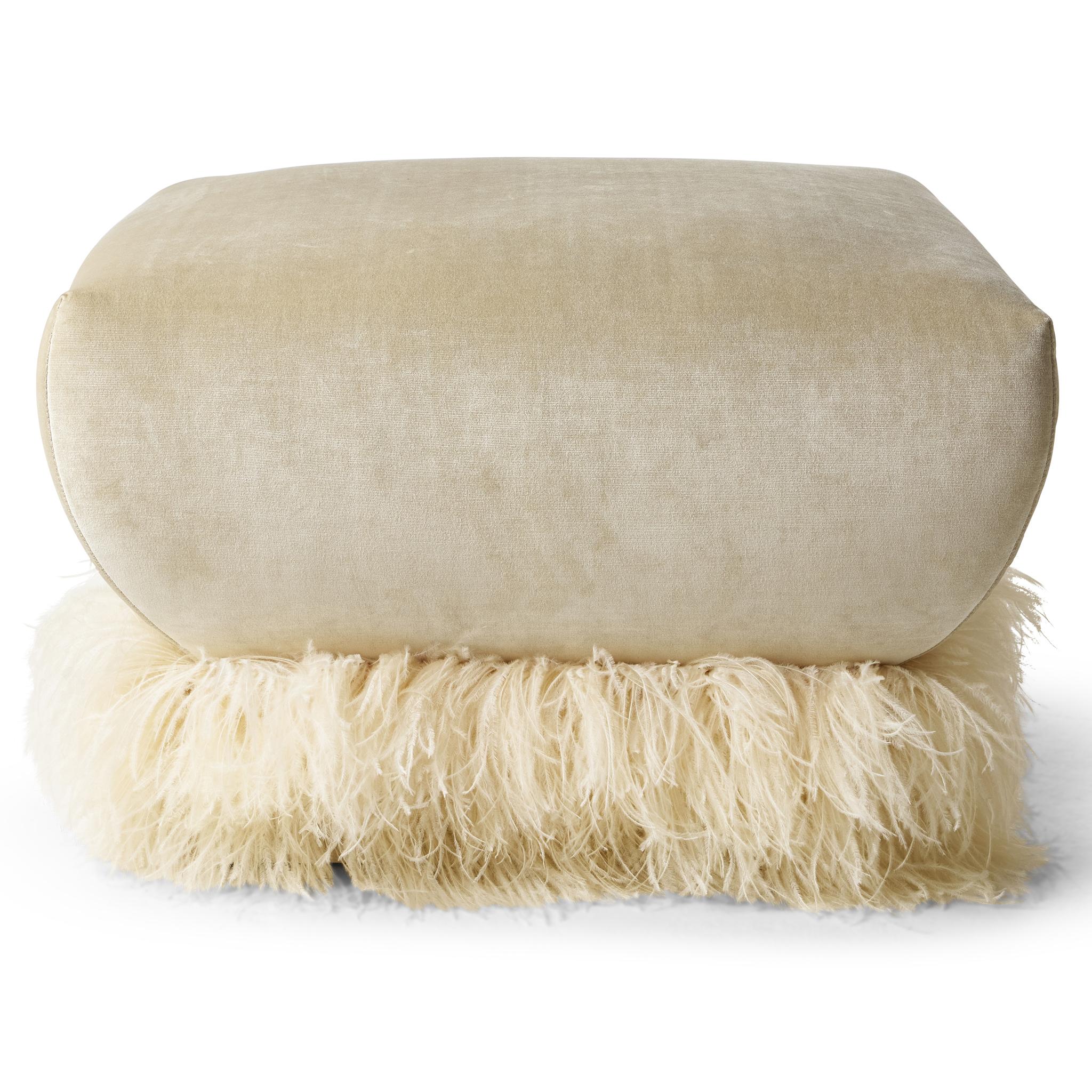 Modern Cream Velvet 700 Square Ottoman with Ostrich Feather Trim by Egg Designs For Sale