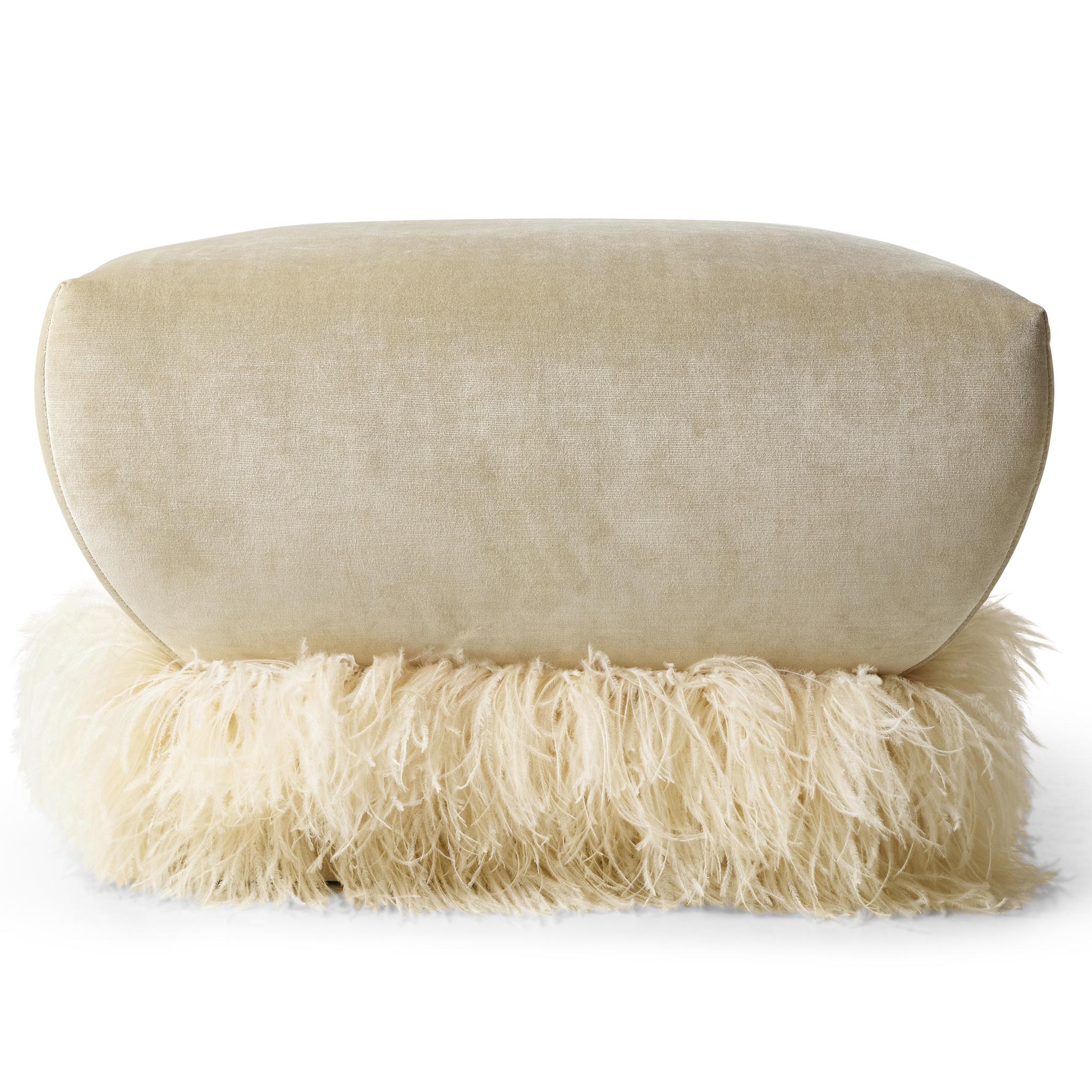South African Cream Velvet 700 Square Ottoman with Ostrich Feather Trim by Egg Designs For Sale
