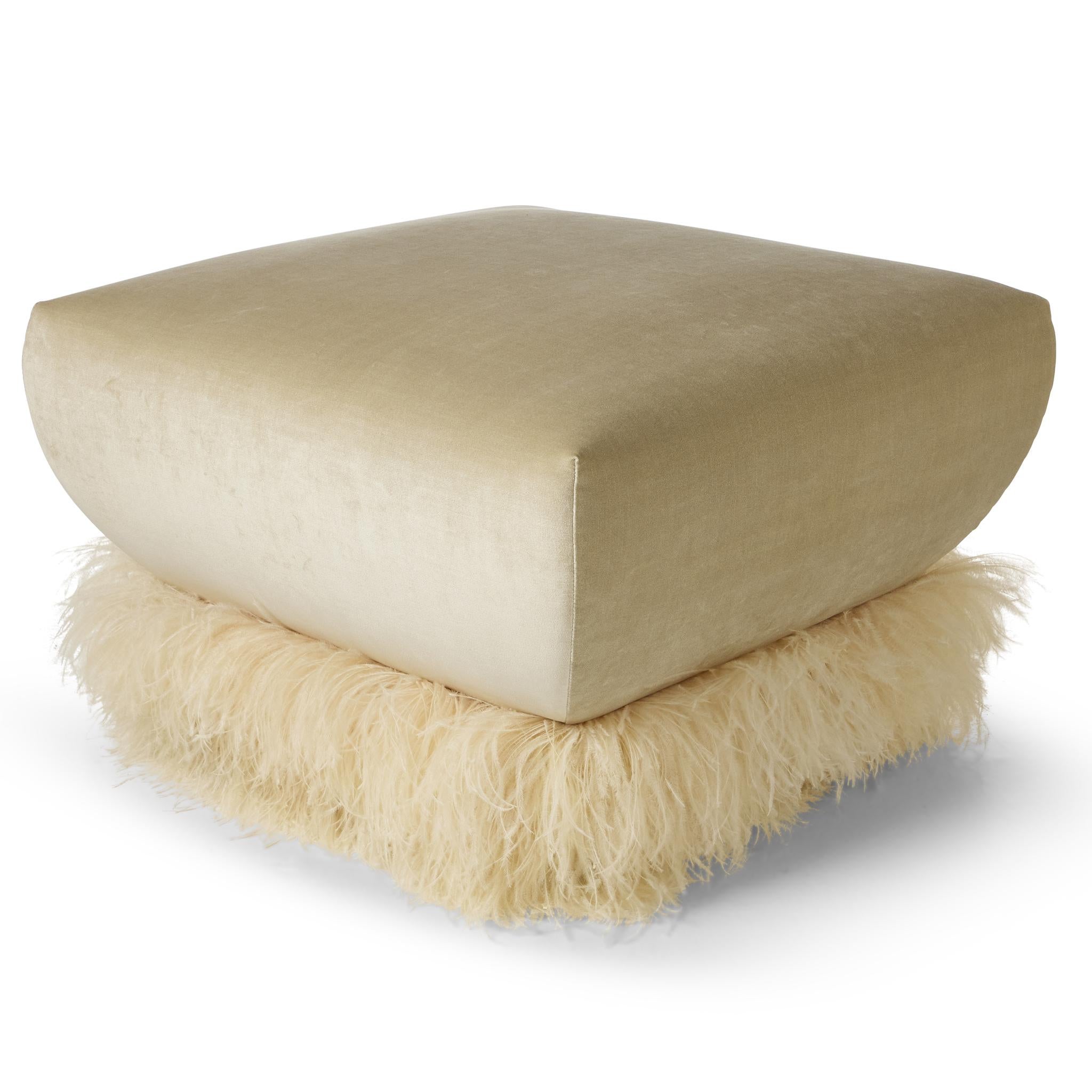 Cream Velvet 700 Square Ottoman with Ostrich Feather Trim by Egg Designs In New Condition For Sale In Bothas Hill, KZN