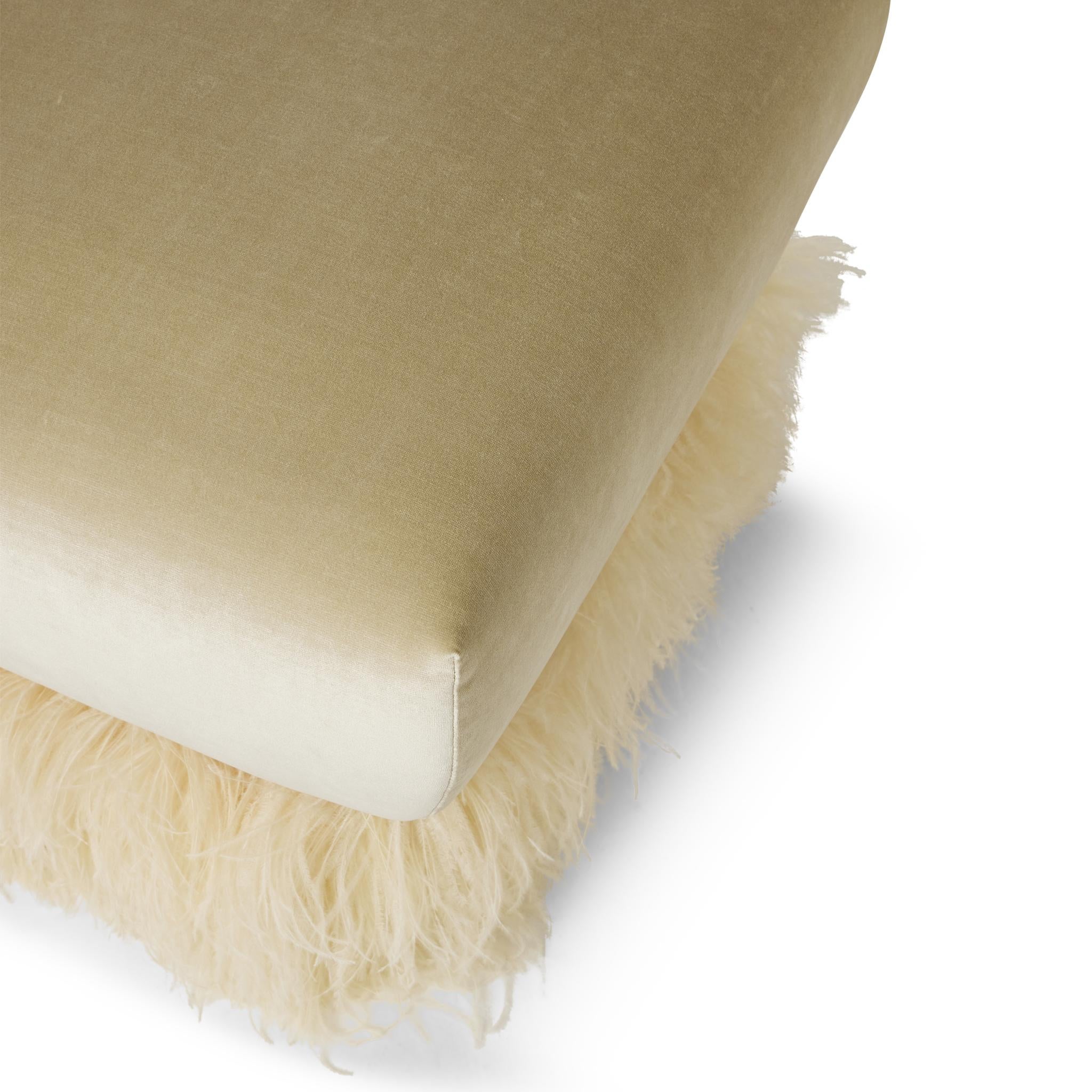 Contemporary Cream Velvet 700 Square Ottoman with Ostrich Feather Trim by Egg Designs For Sale
