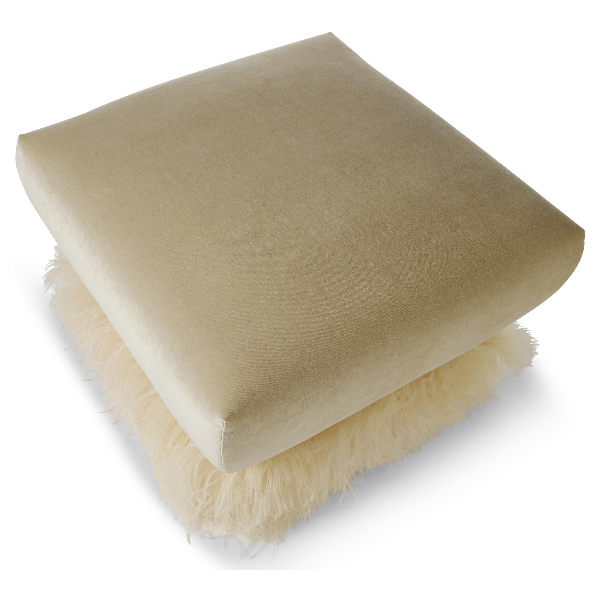Cream Velvet 700 Square Ottoman with Ostrich Feather Trim by Egg Designs For Sale 1