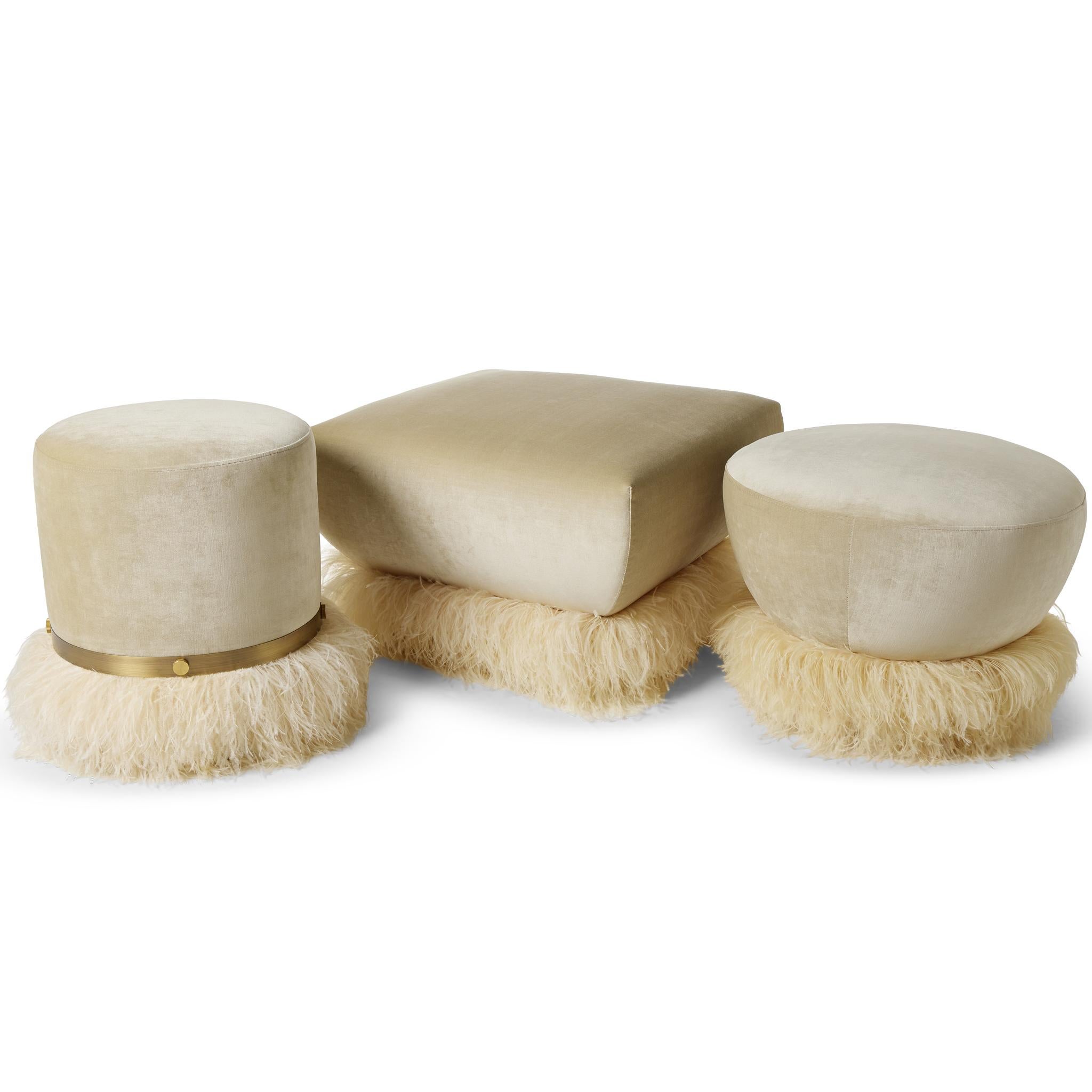 Cream Velvet 700 Square Ottoman with Ostrich Feather Trim by Egg Designs For Sale 2