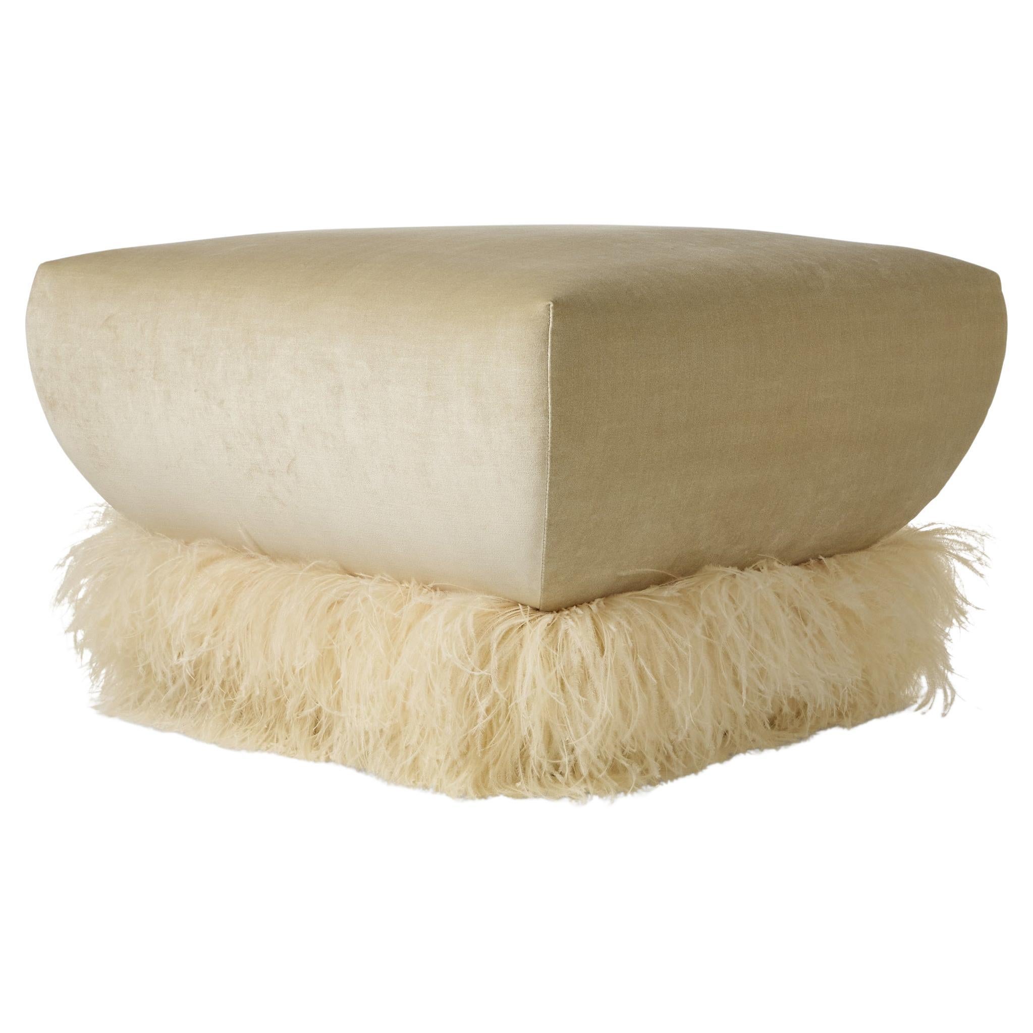 Cream Velvet 700 Square Ottoman with Ostrich Feather Trim by Egg Designs For Sale