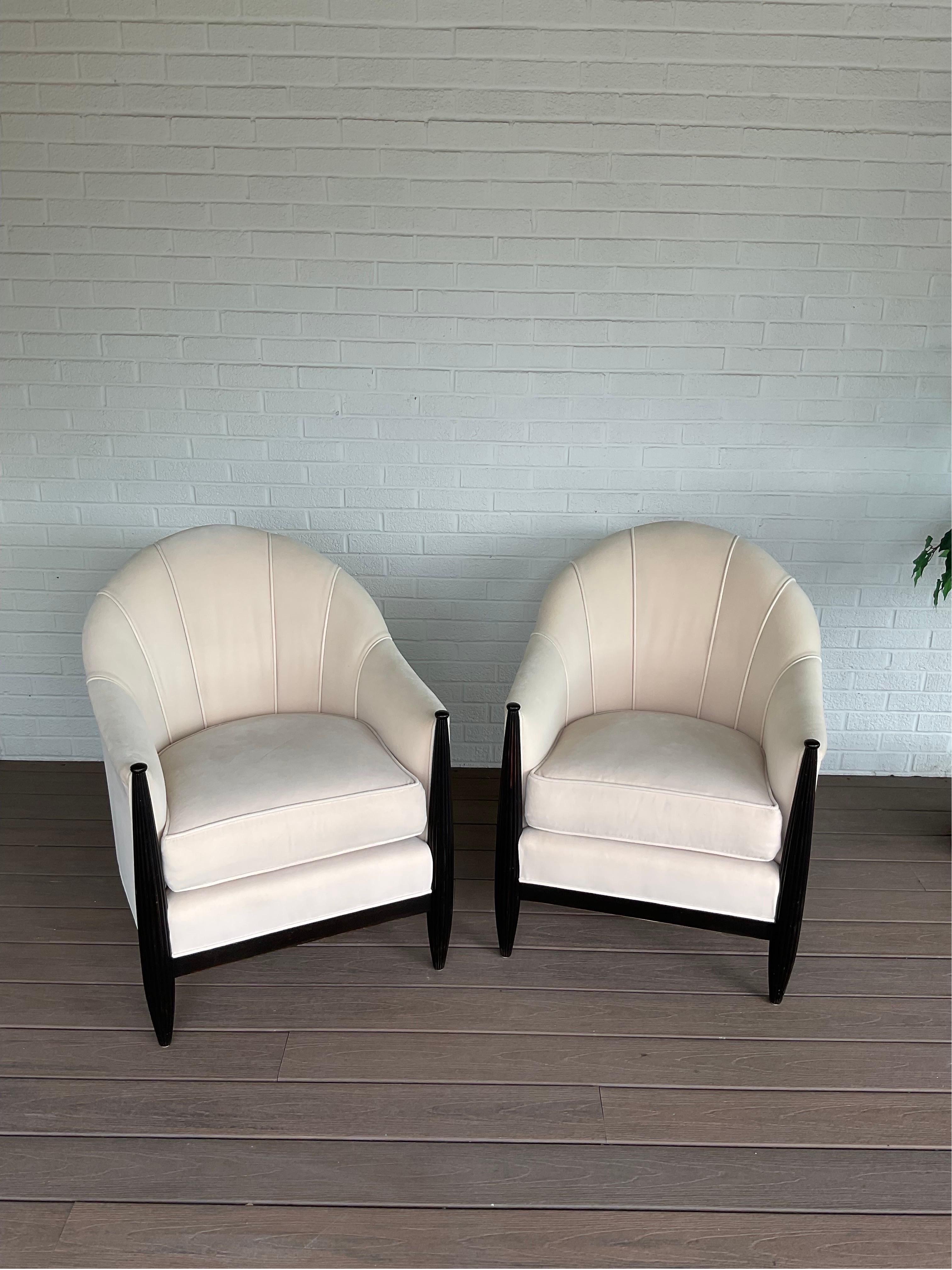 Spectacular pair of Art Deco Club chairs by Swaim still wrapped in their original upholstery nearly 24 years later. Original cost of over $6000 per chair as new. Beautiful pieces.

Condition Disclosure:
Please understand nearly all of our inventory