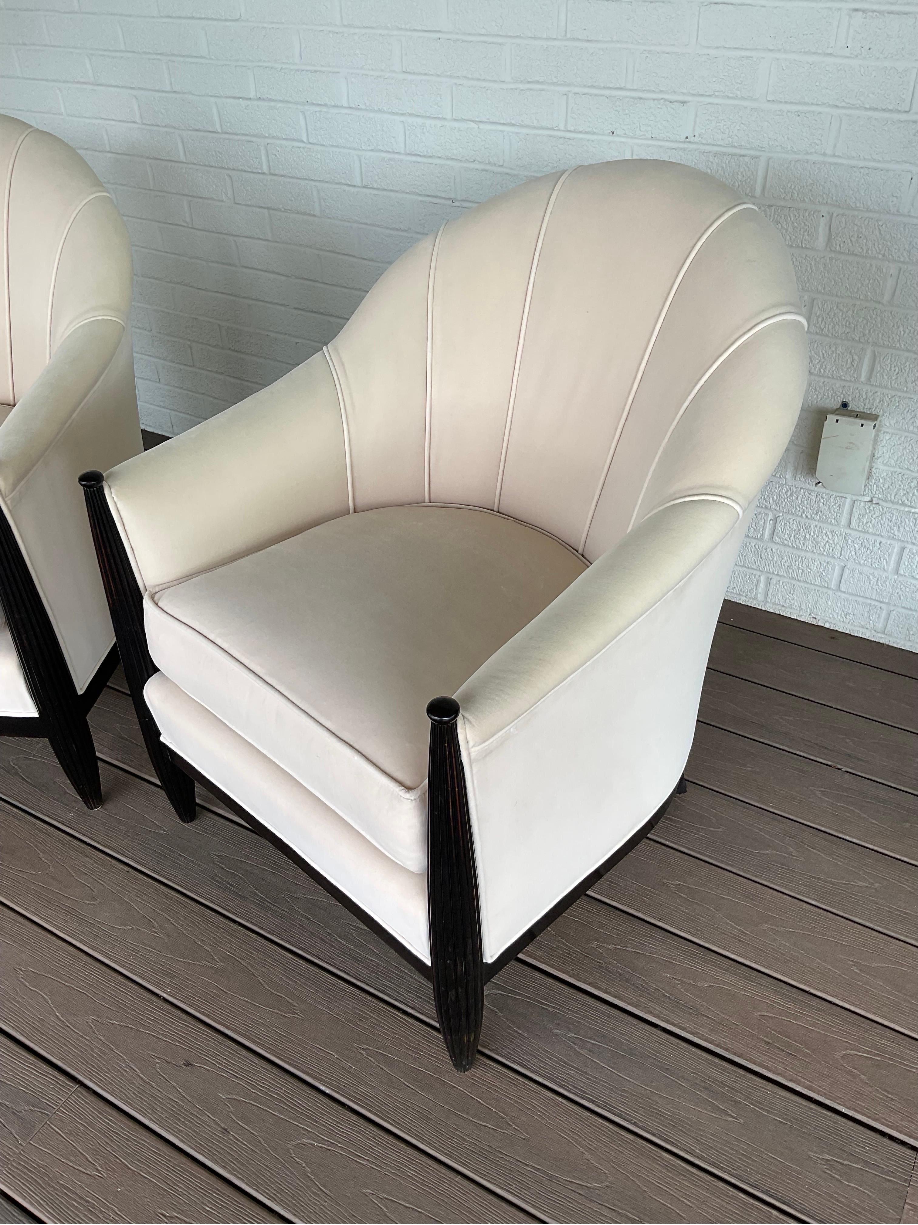 Hand-Carved Cream Velvet Art Deco Chairs by Swaim, a Pair